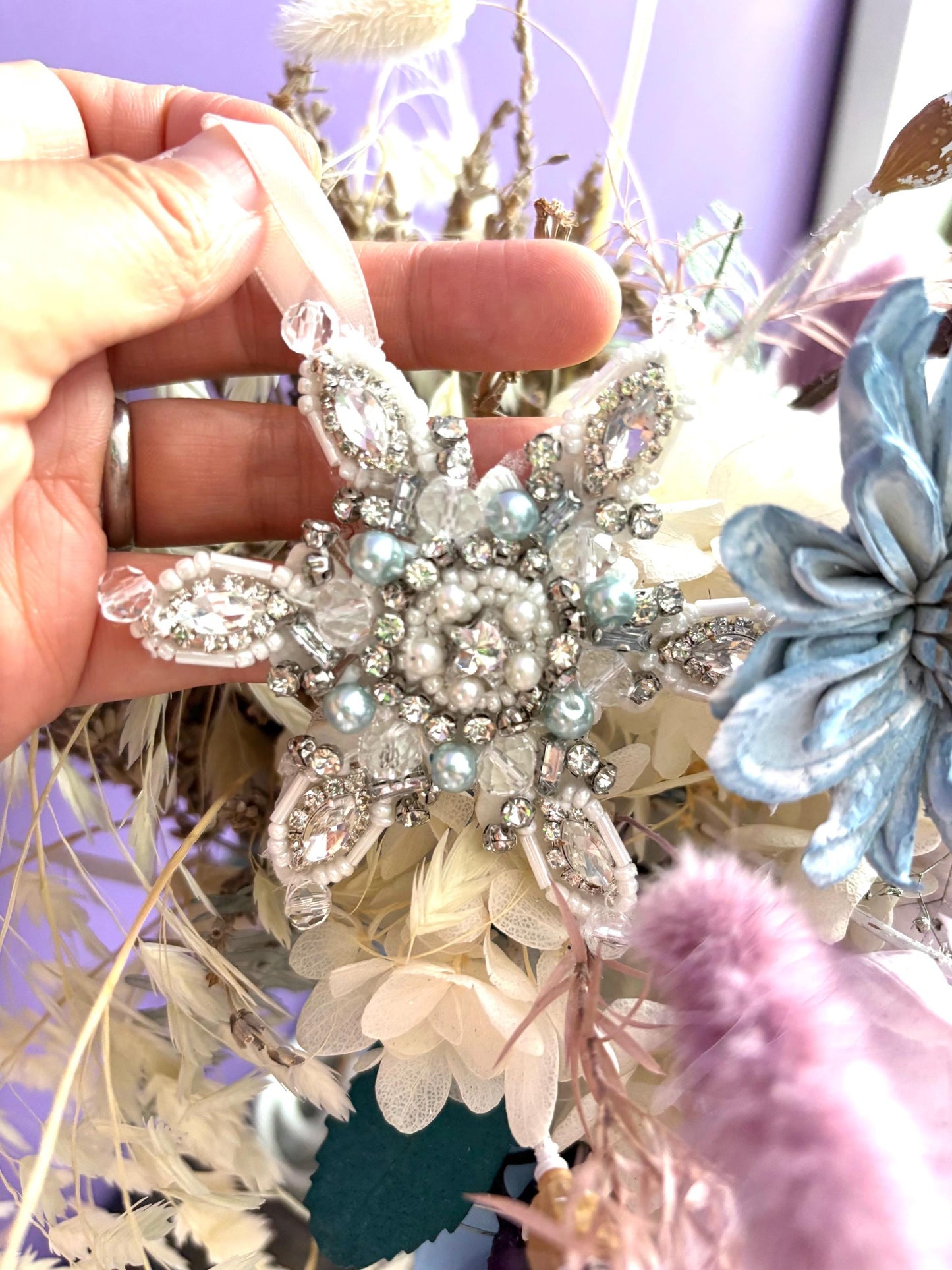 Iron On Light Blue Rhinestone Snowflake Applique: Handmade Crystal Star Patch, Beaded Christmas Patch