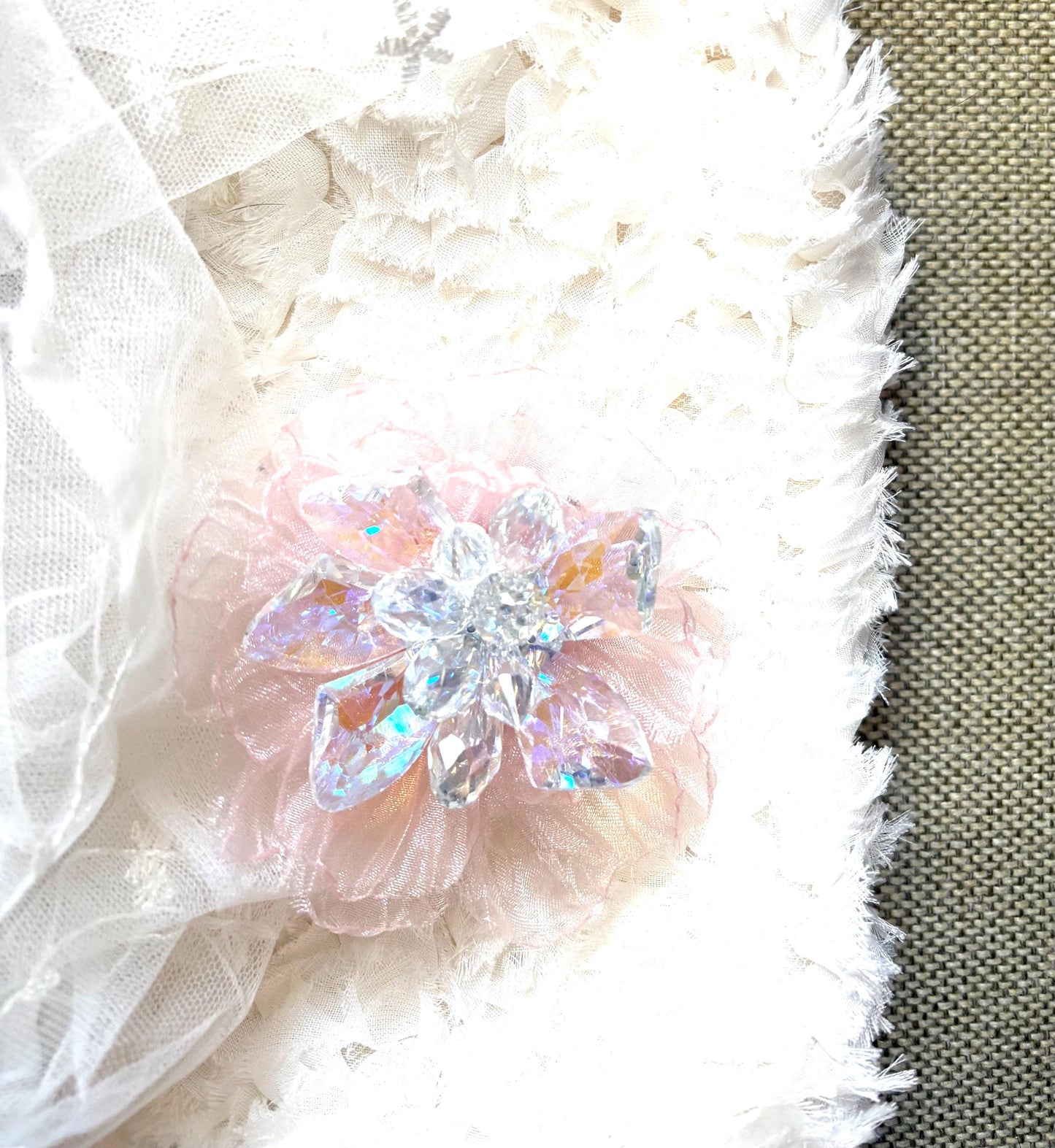 Handmade Pink Organza Flower: Sparkling Glass Center, DIY Brooch Or Hair Clip