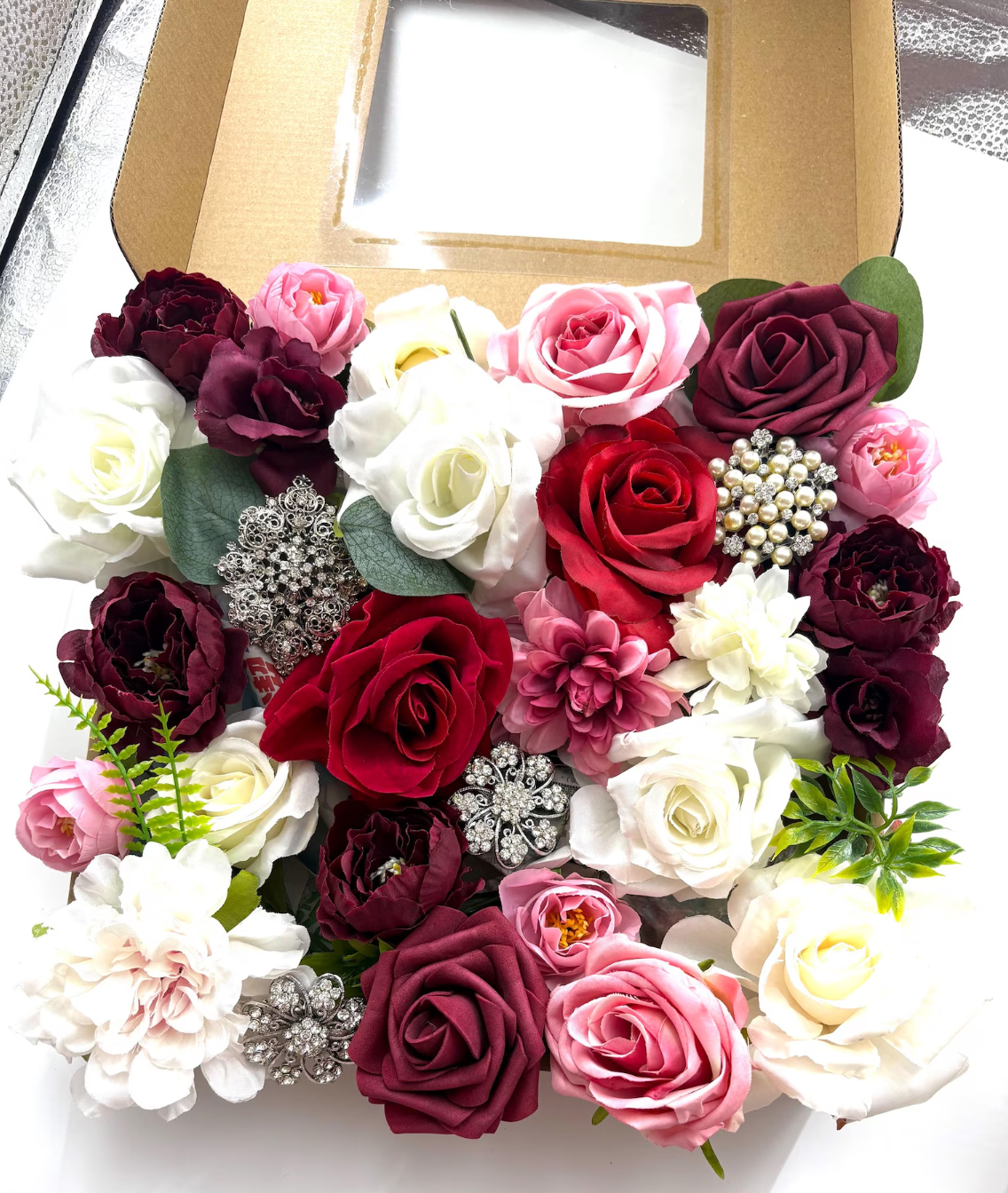 Artificial Flowers, Red Pink Rose Flowers Box