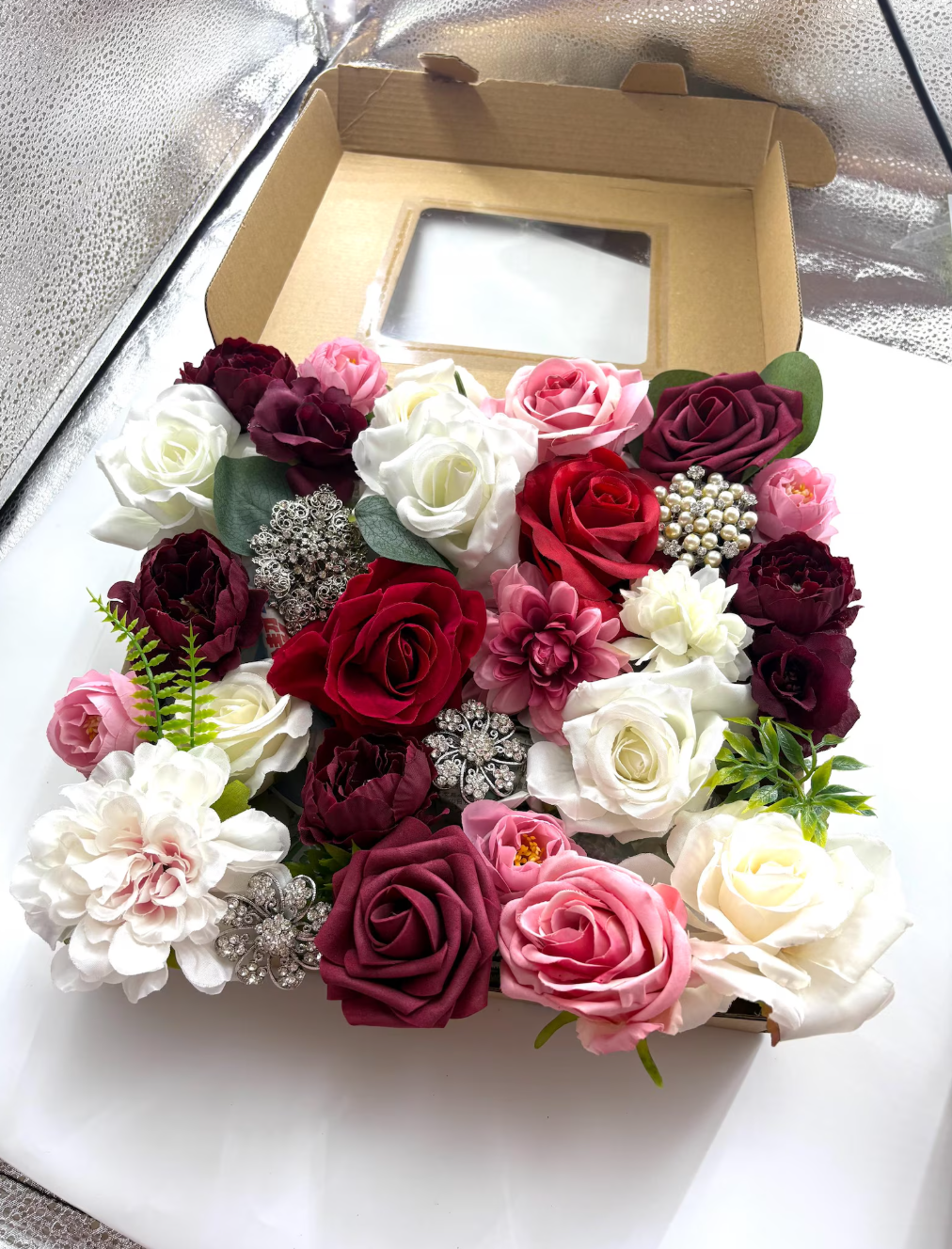 Artificial Flowers, Red Pink Rose Flowers Box