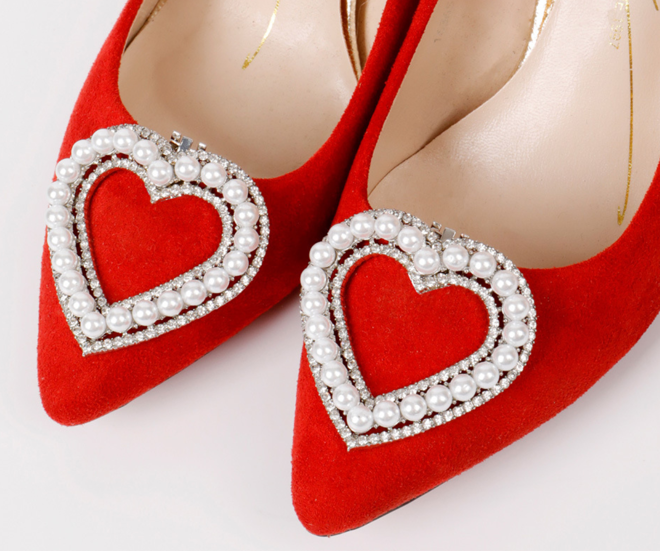 2 Crystal Heart Shoe Clips: Faux Pearl Rhinestone Shoe Clips