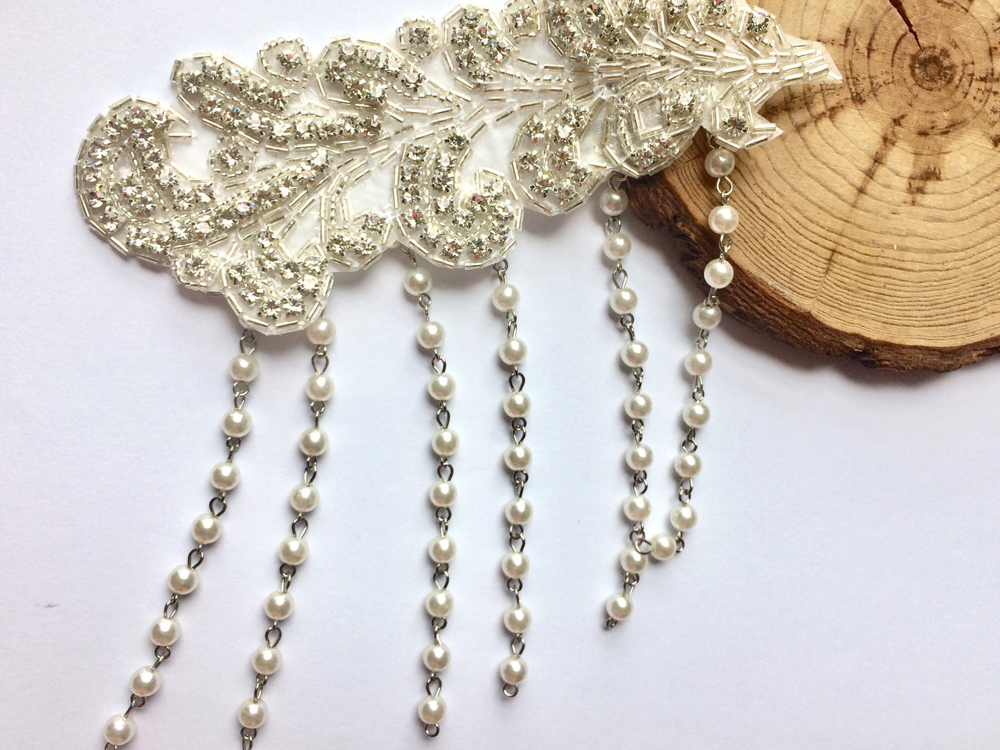 Vintage Style Feather Rhinestone Applique Hair Clip Or Sash Belt | Beaded Pearl Leaf for Wedding Dress