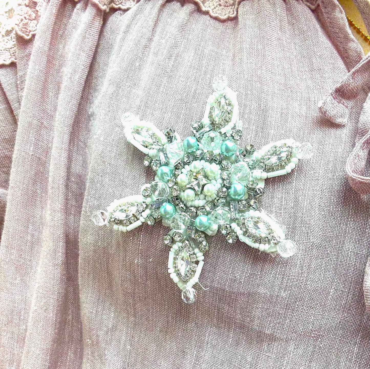 Iron On Light Blue Rhinestone Snowflake Applique: Handmade Crystal Star Patch, Beaded Christmas Patch