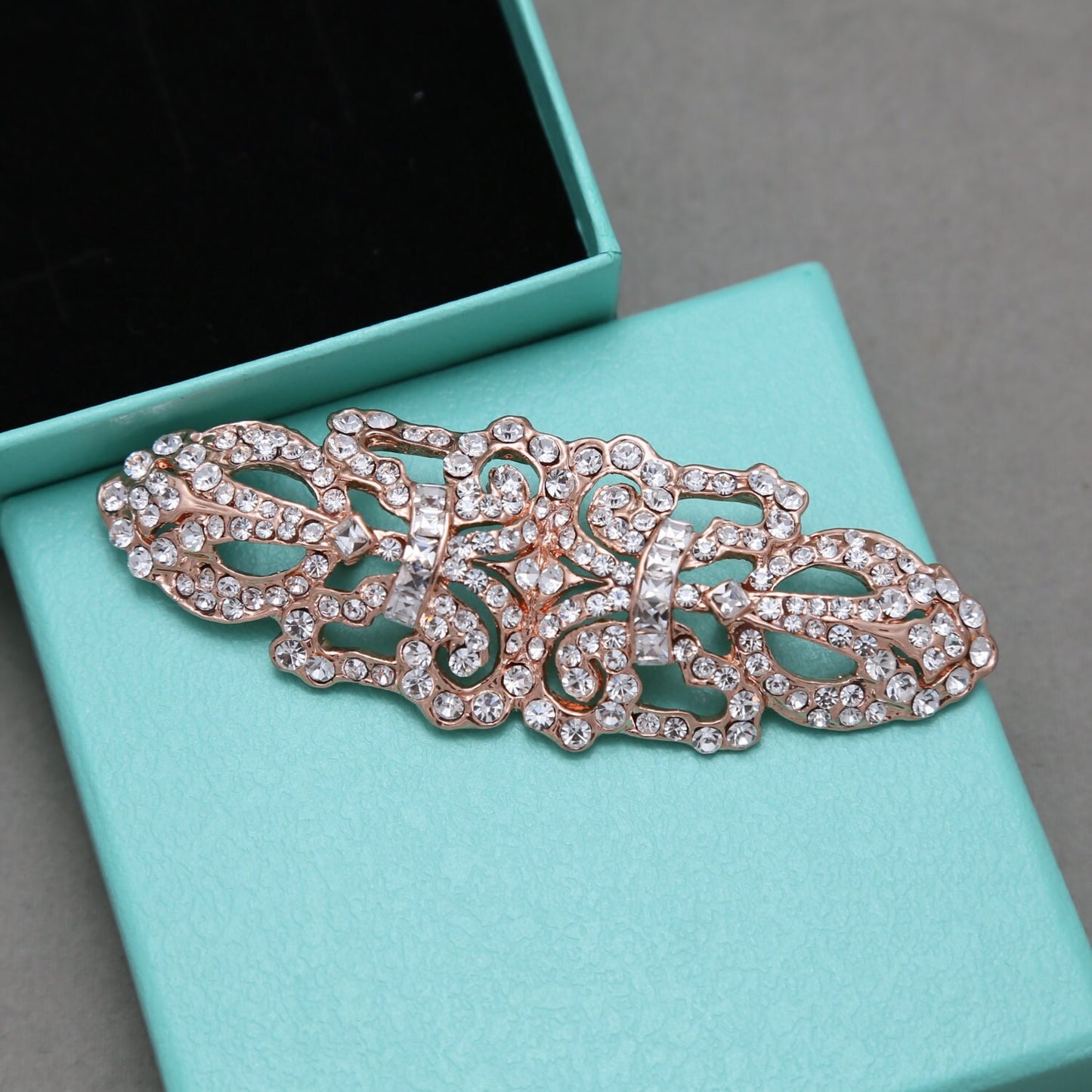 Art Deco Rose Gold Rhinestone Brooch: Vintage Crystal Buckle (3.74" x 1.3")