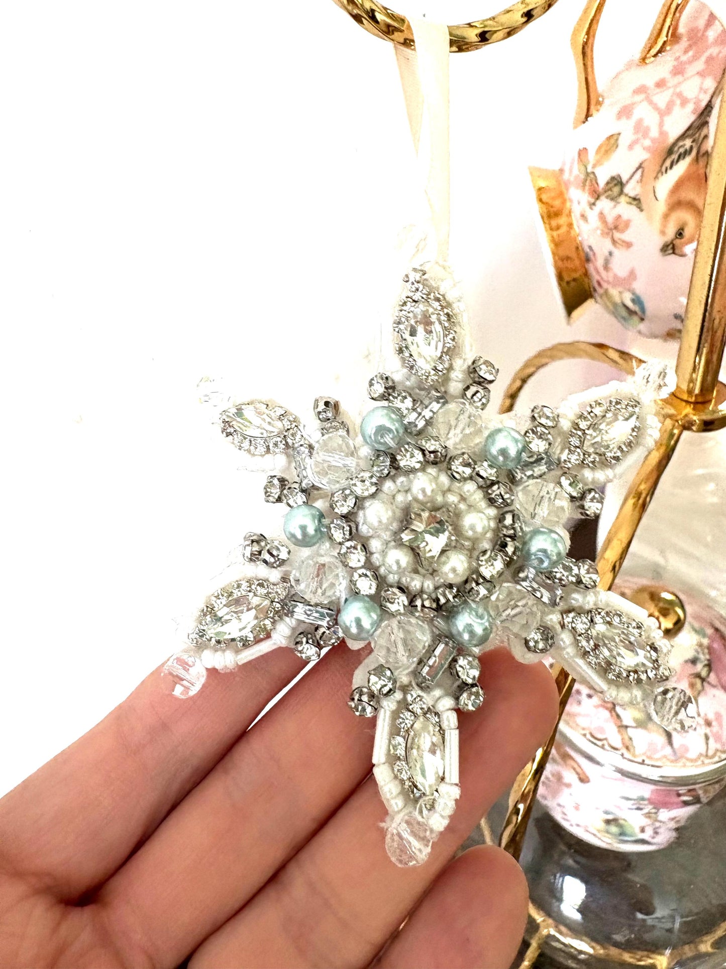Iron On Light Blue Rhinestone Snowflake Applique: Handmade Crystal Star Patch, Beaded Christmas Patch