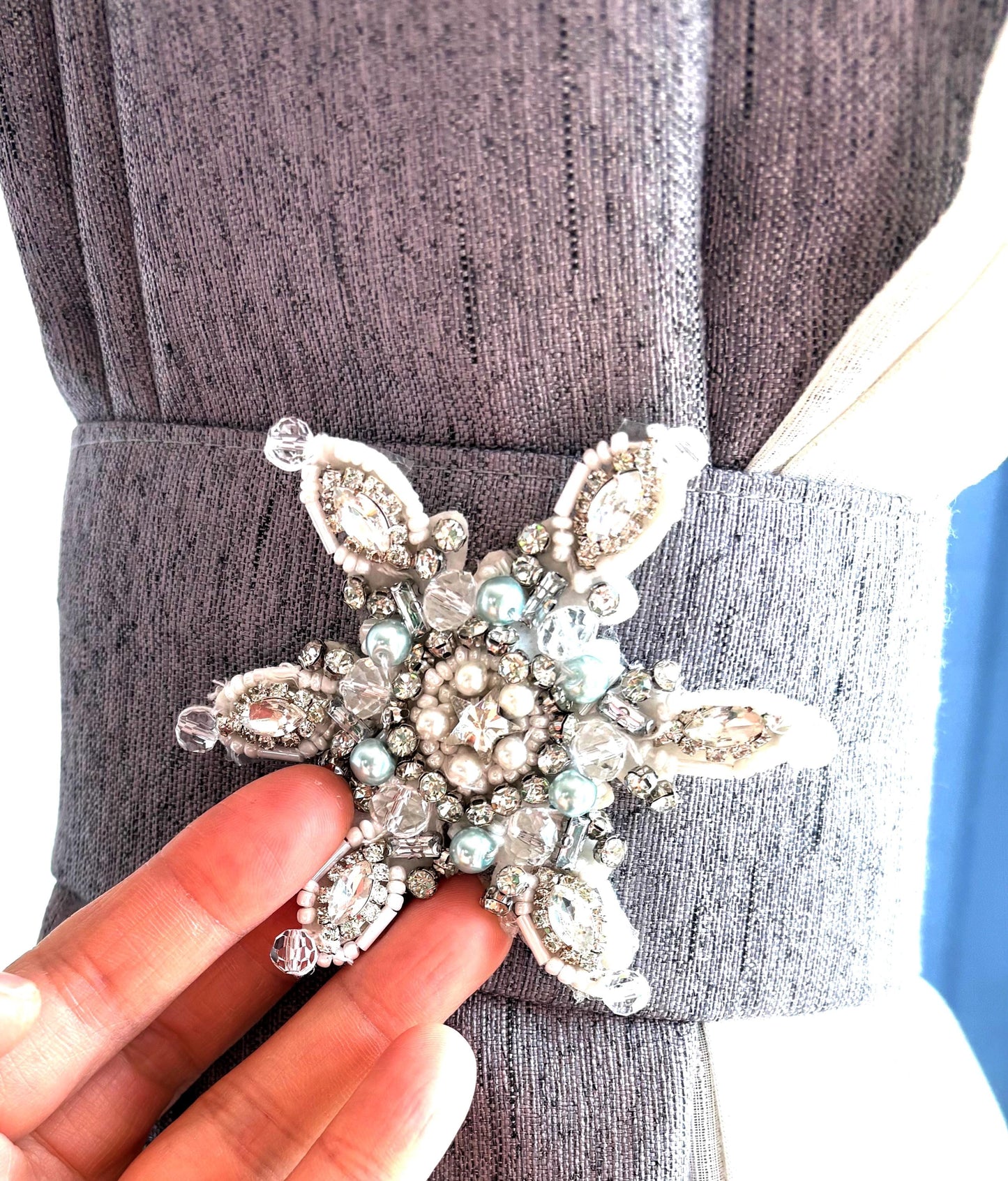 Iron On Light Blue Rhinestone Snowflake Applique: Handmade Crystal Star Patch, Beaded Christmas Patch