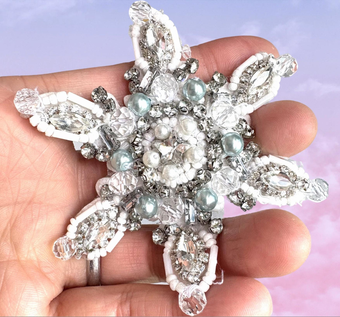 Iron On Light Blue Rhinestone Snowflake Applique: Handmade Crystal Star Patch, Beaded Christmas Patch