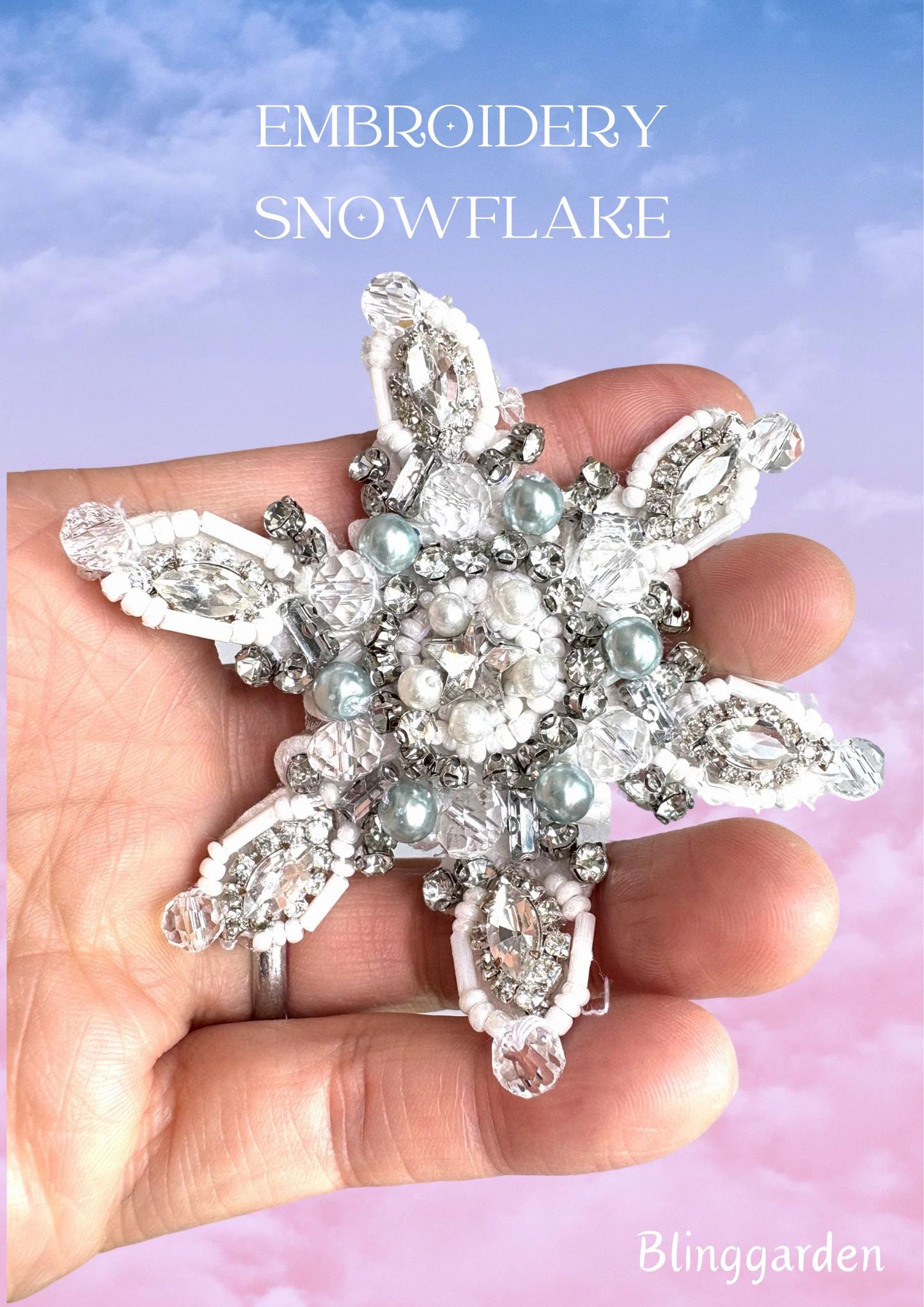 Iron On Light Blue Rhinestone Snowflake Applique: Handmade Crystal Star Patch, Beaded Christmas Patch