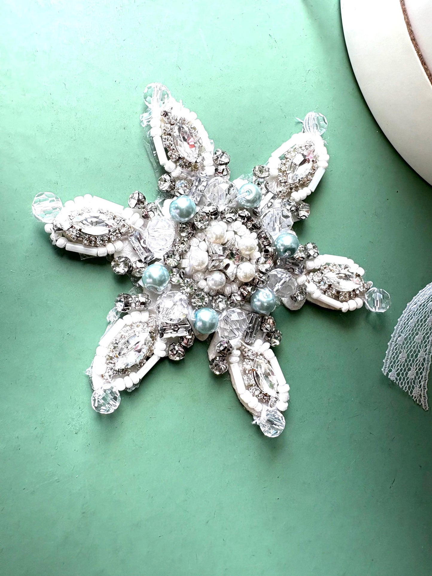 Iron On Light Blue Rhinestone Snowflake Applique: Handmade Crystal Star Patch, Beaded Christmas Patch