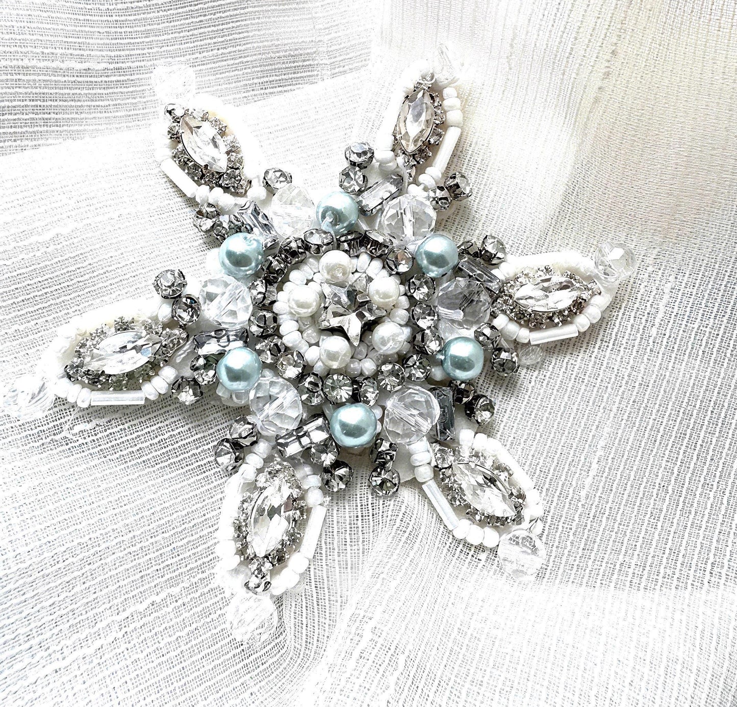 Iron On Light Blue Rhinestone Snowflake Applique: Handmade Crystal Star Patch, Beaded Christmas Patch