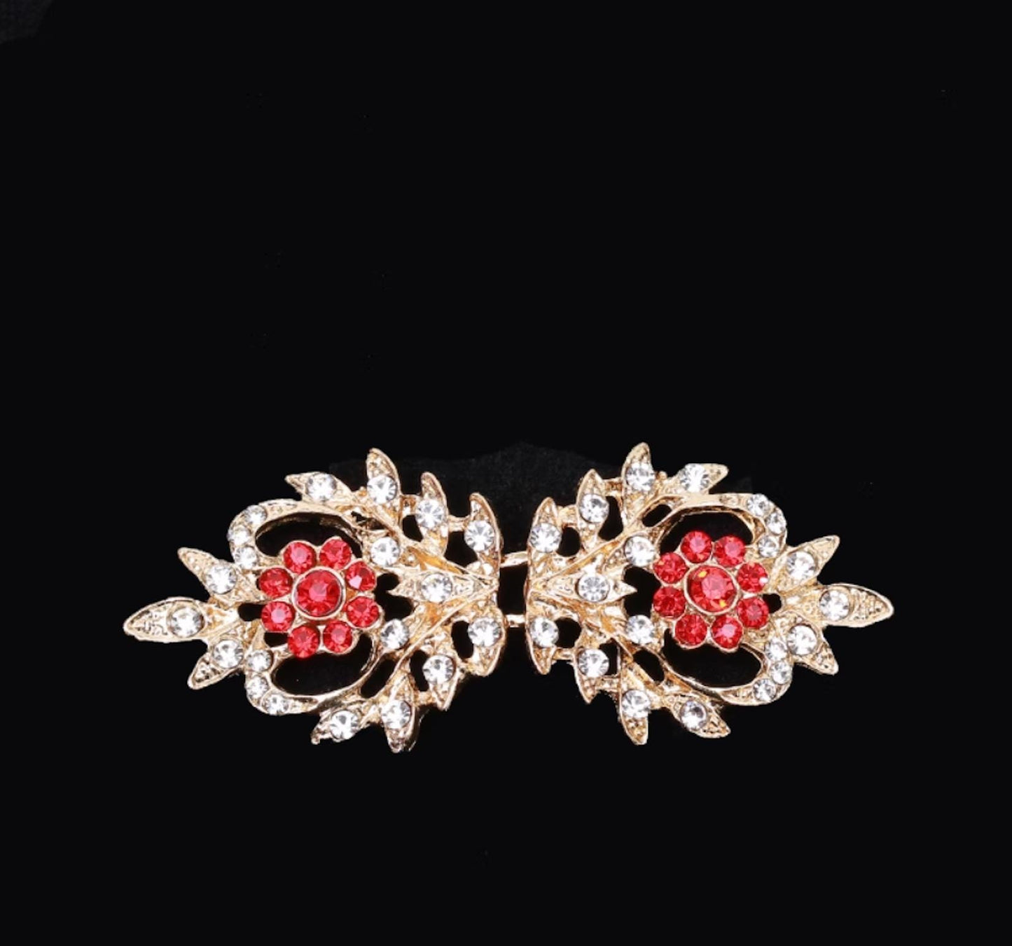 Vintage Gold Leaf Clasp: Red Rhinestone Sweater Hook And Eye Button Buckle