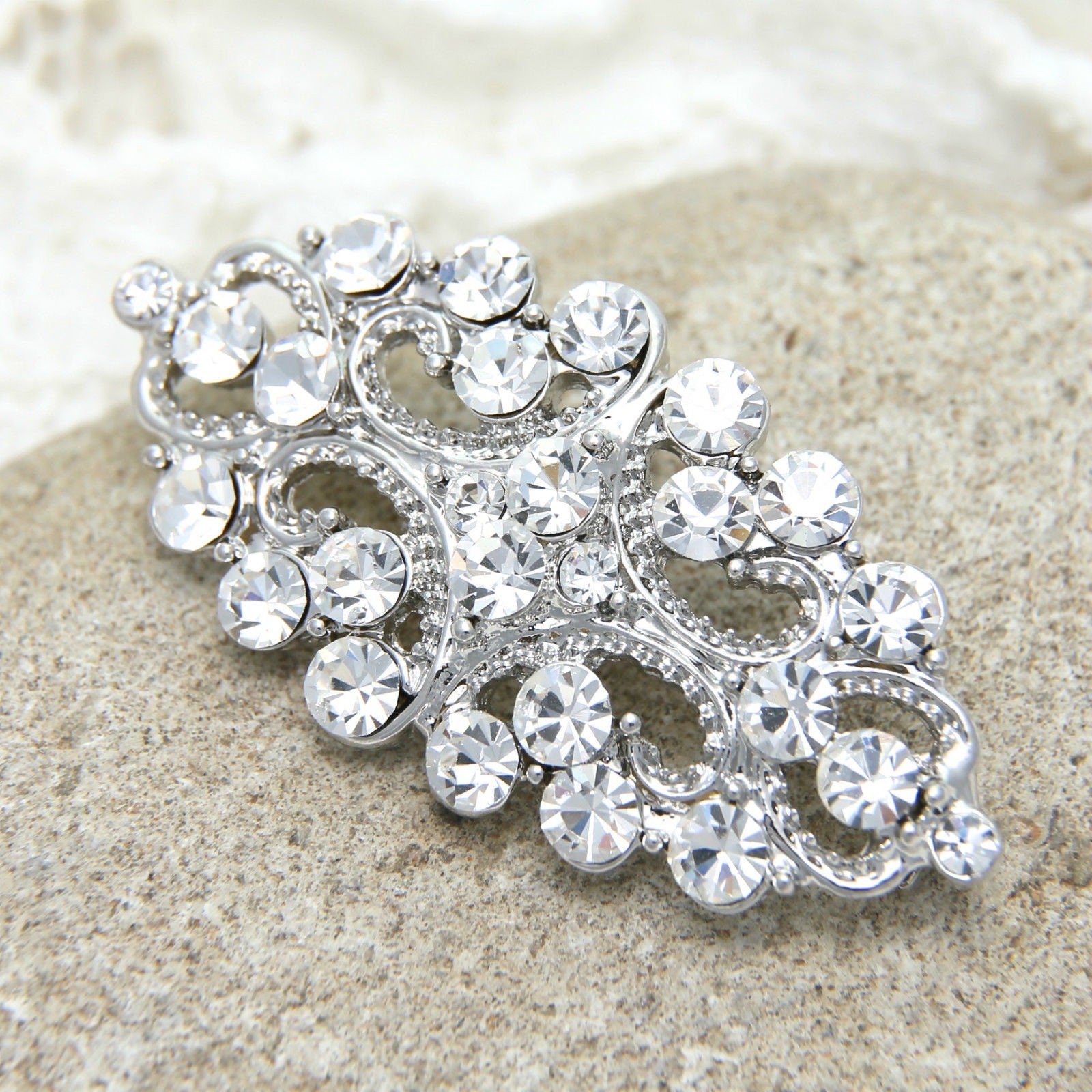 Flat Back Rhinestone Crystal Buckle: Silver Tone, 2.2" x 0.9" 