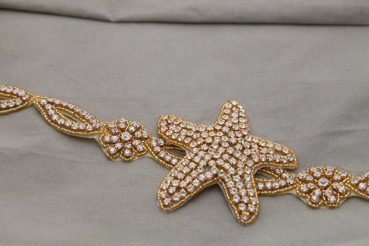 Starfish Rhinestone Applique Trim Belt Sash: Gold or Silver Wedding Dress Decoration Starfish at center / Gold Starfish at center / Silver 