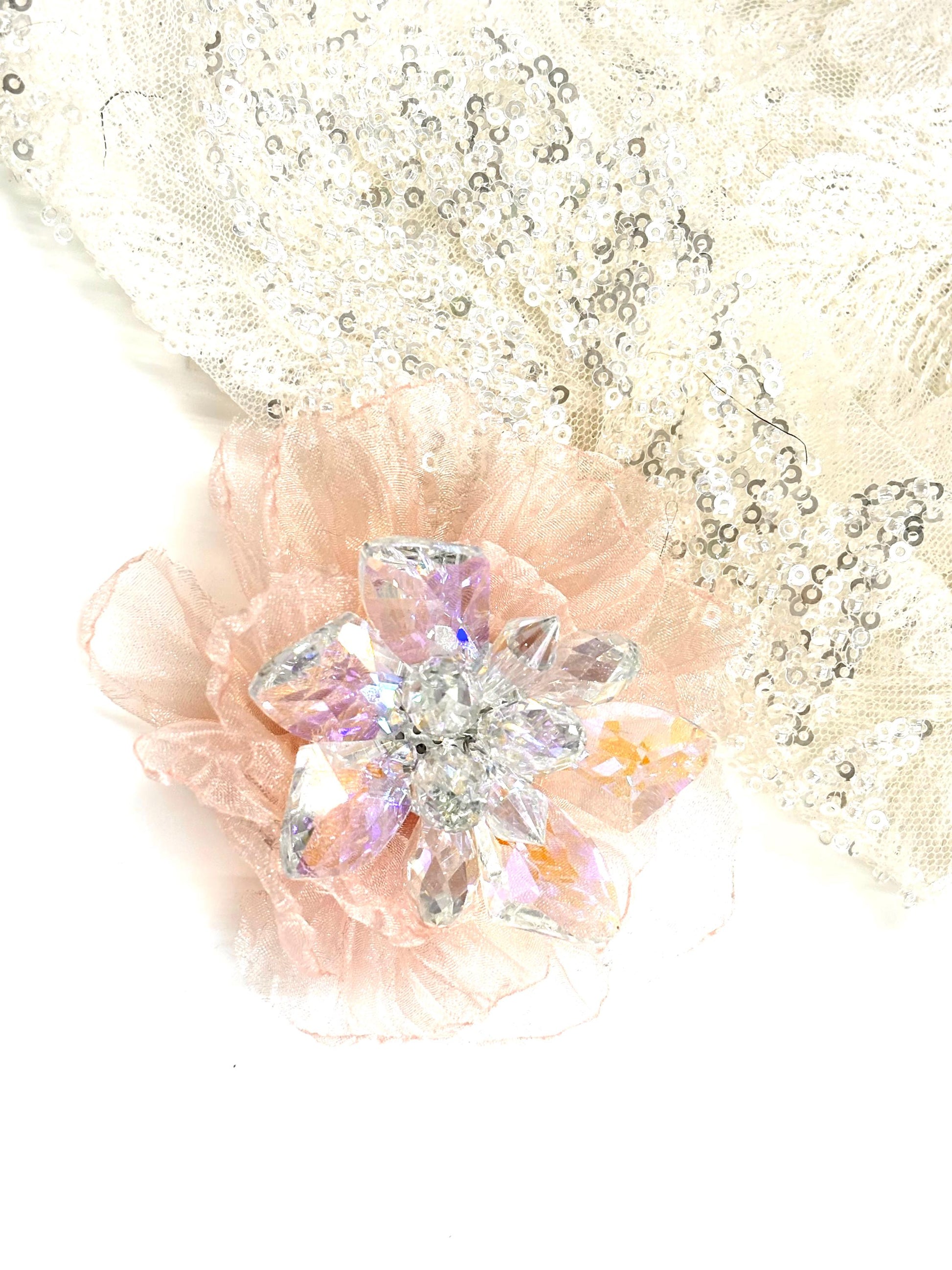 Handmade Pink Organza Flower: Sparkling Glass Center, DIY Brooch Or Hair Clip 