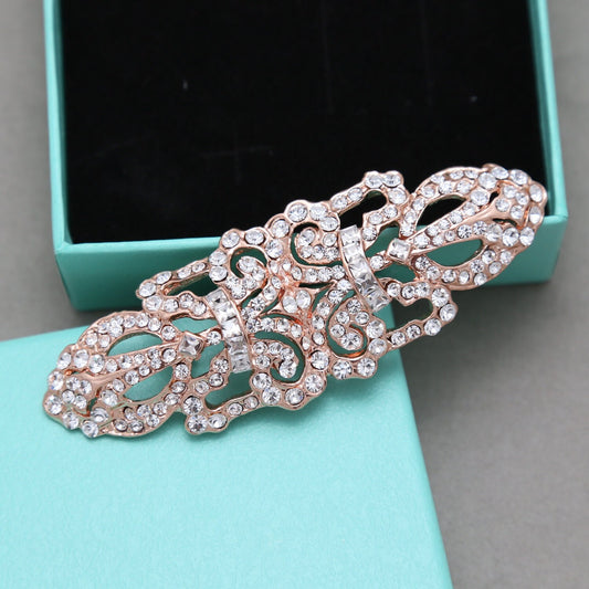 Art Deco Rose Gold Rhinestone Brooch: Vintage Crystal Buckle (3.74" x 1.3")