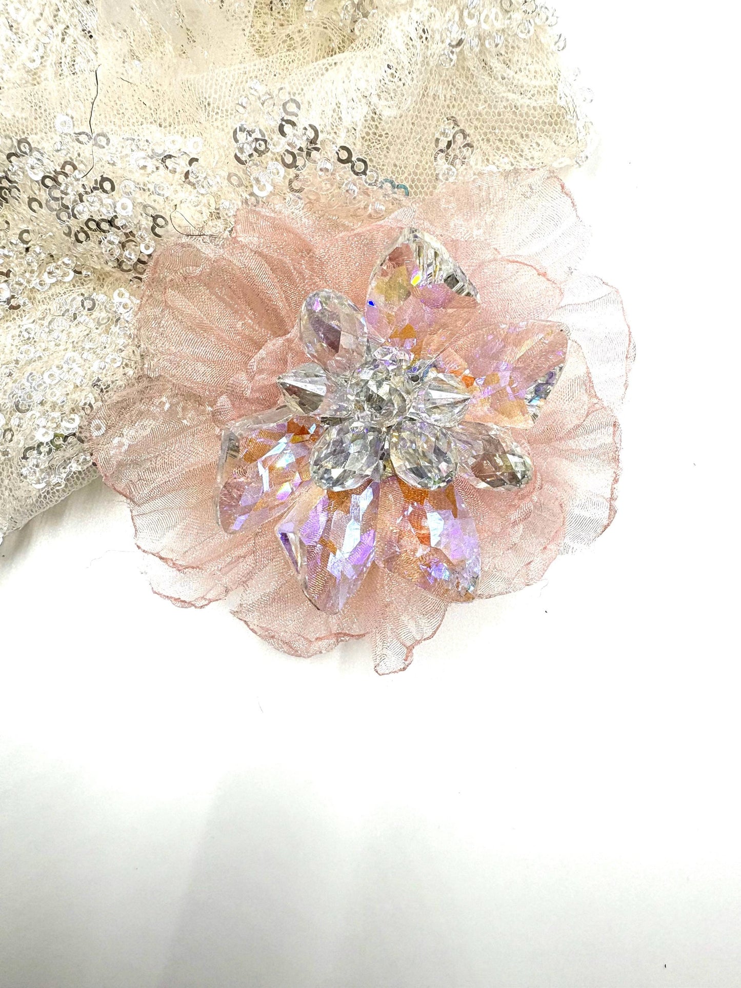 Handmade Pink Organza Flower: Sparkling Glass Center, DIY Brooch Or Hair Clip 