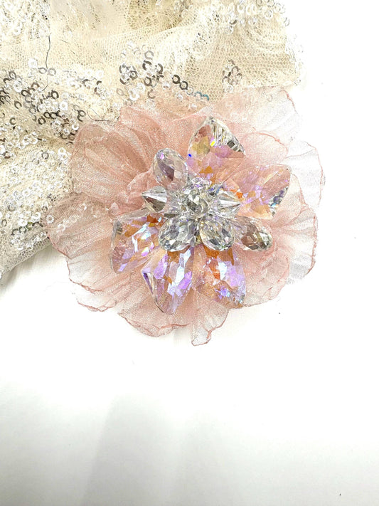 Handmade Pink Organza Flower: Sparkling Glass Center, DIY Brooch Or Hair Clip 