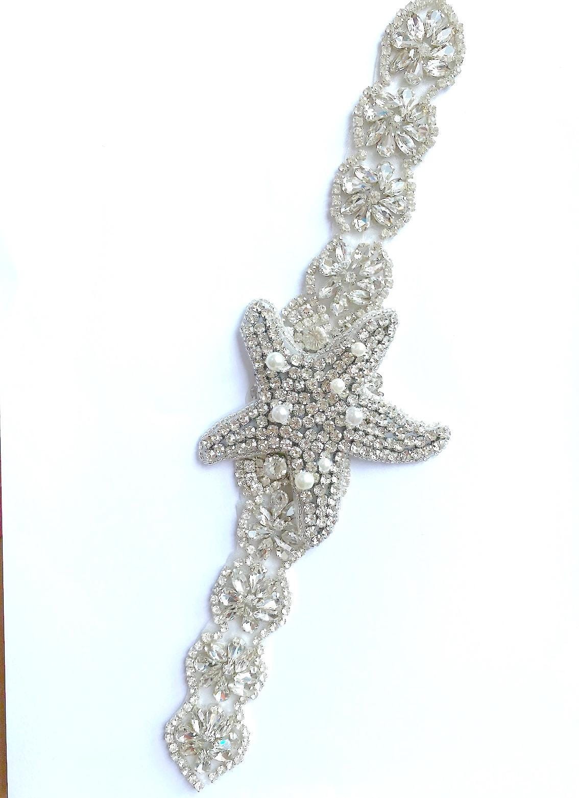 Starfish Pearl Rhinestone Applique Sash Belt: Crystal Wedding Dress Sash (11.5" x 1.85") 