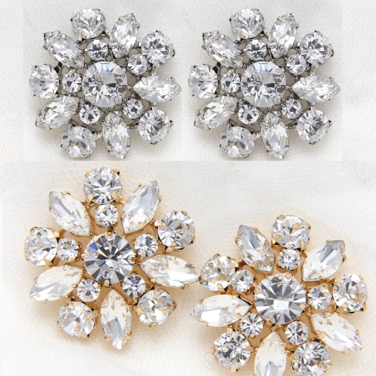 Rhinestone Crystal Shank Buttons: Gold/Silver Wedding Dress Decoration (2 Piece) Silver Gold 