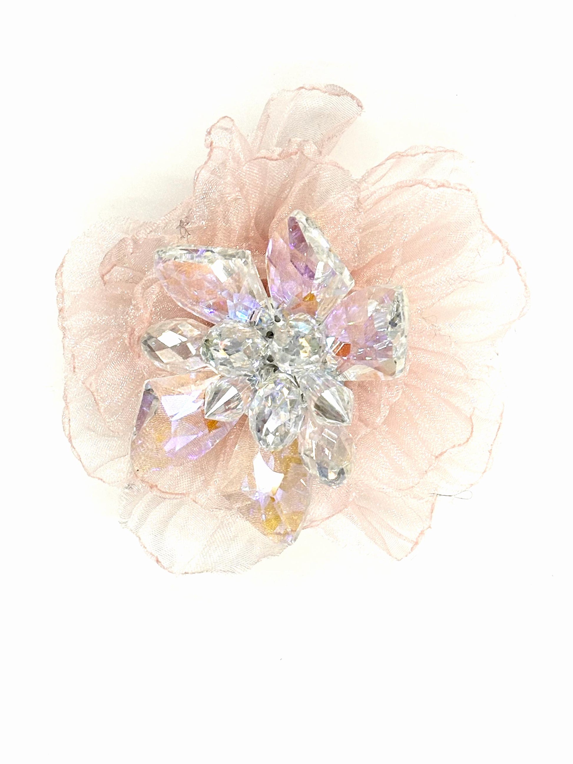Handmade Pink Organza Flower: Sparkling Glass Center, DIY Brooch Or Hair Clip 