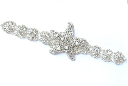 Starfish Pearl Rhinestone Applique Sash Belt: Crystal Wedding Dress Sash (11.5" x 1.85") 