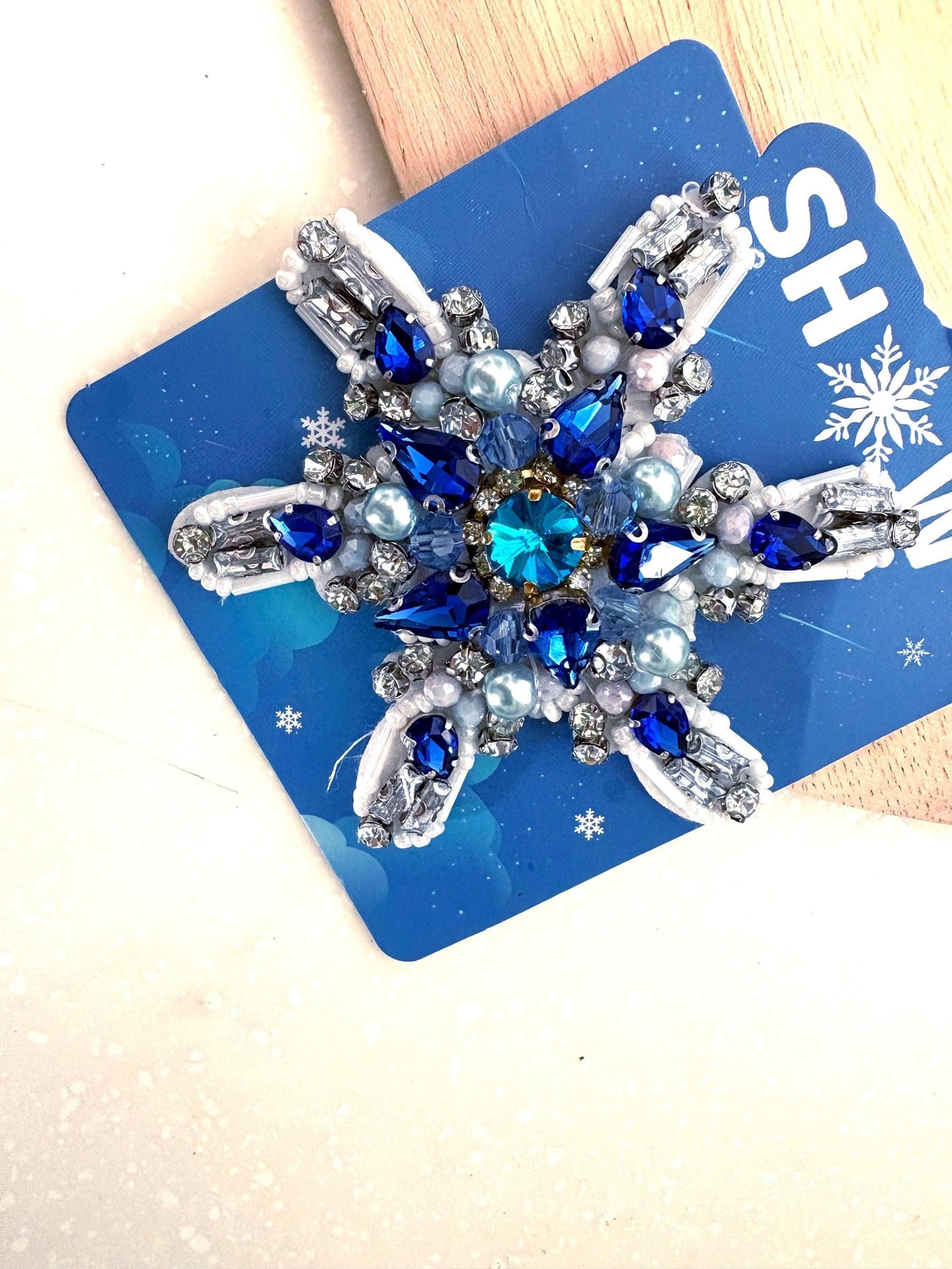 Blue Rhinestone Snowflake Applique: Handmade Crystal Star Patch, Beaded Christmas Patch