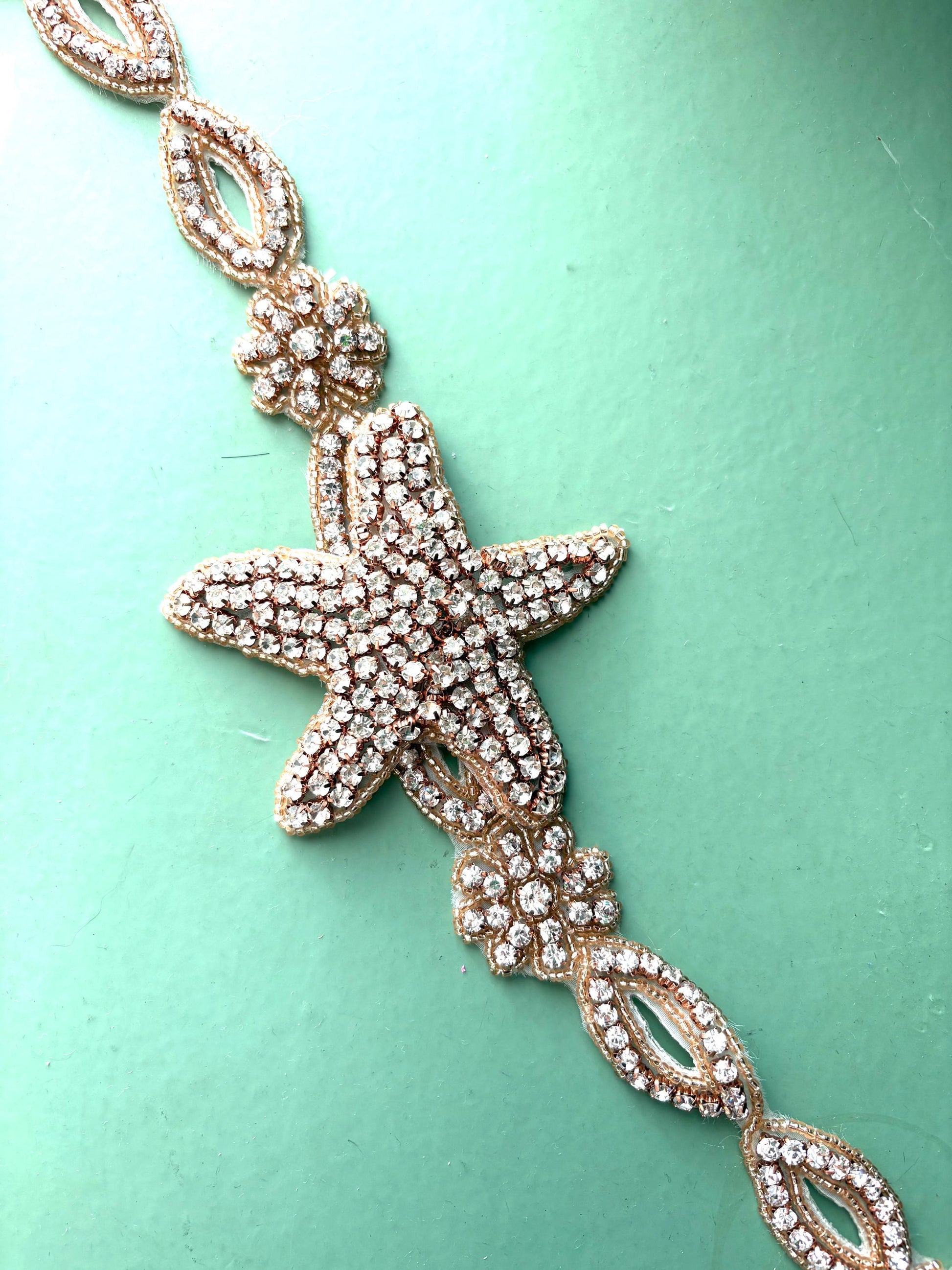 Starfish Rhinestone Applique Trim Belt Sash: Gold or Silver Wedding Dress Decoration Starfish at center / Gold Starfish at center / Silver 