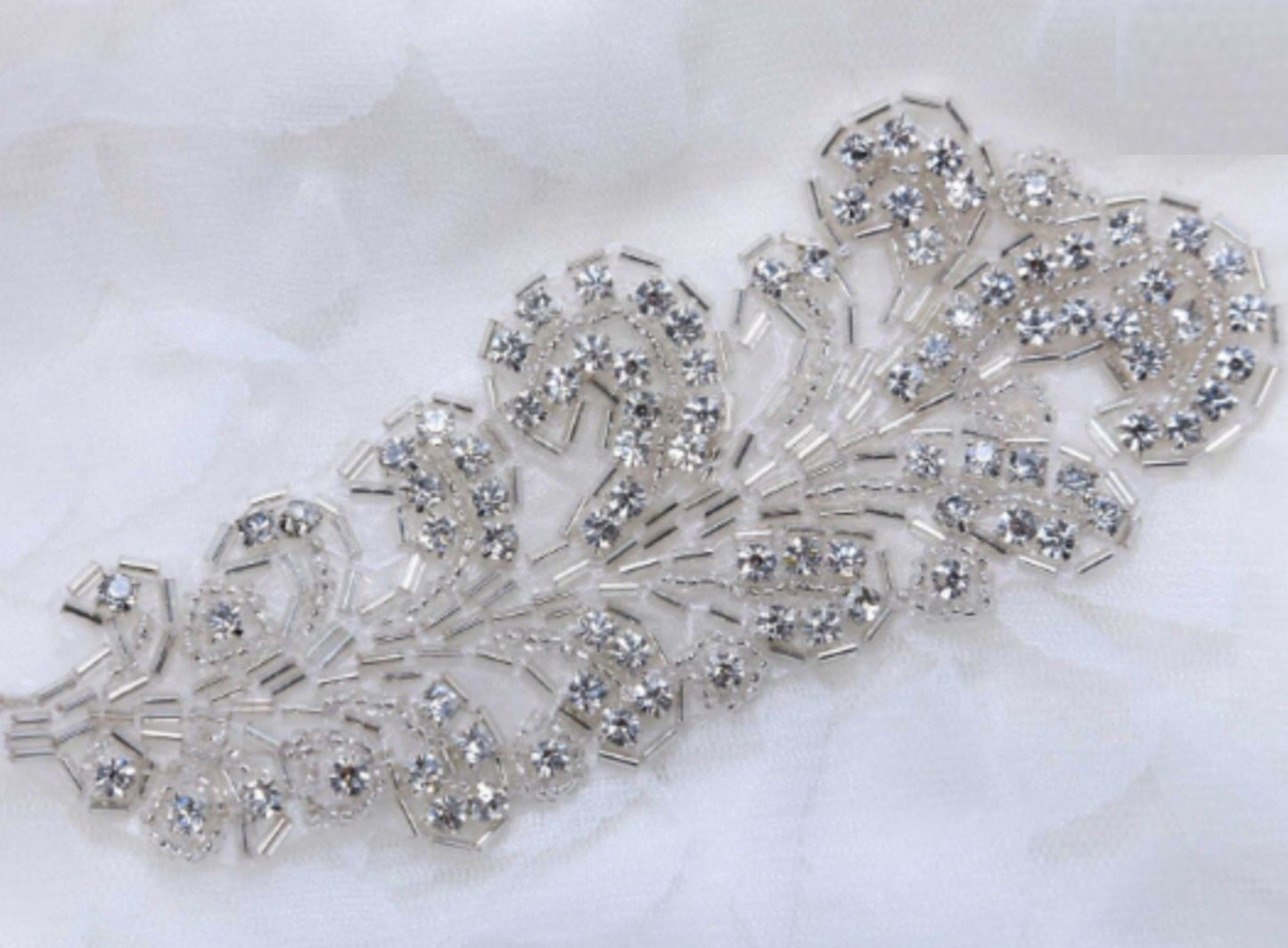 Leaf Rhinestone Applique With/WO Pearl: Crystal Feather Iron On Patch (2.25" x 6.5")