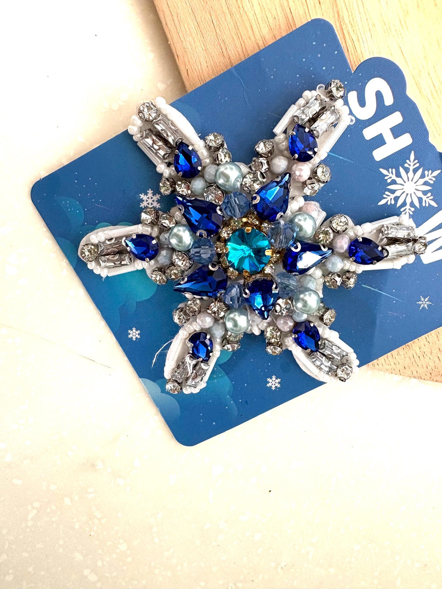Blue Rhinestone Snowflake Applique: Handmade Crystal Star Patch, Beaded Christmas Patch
