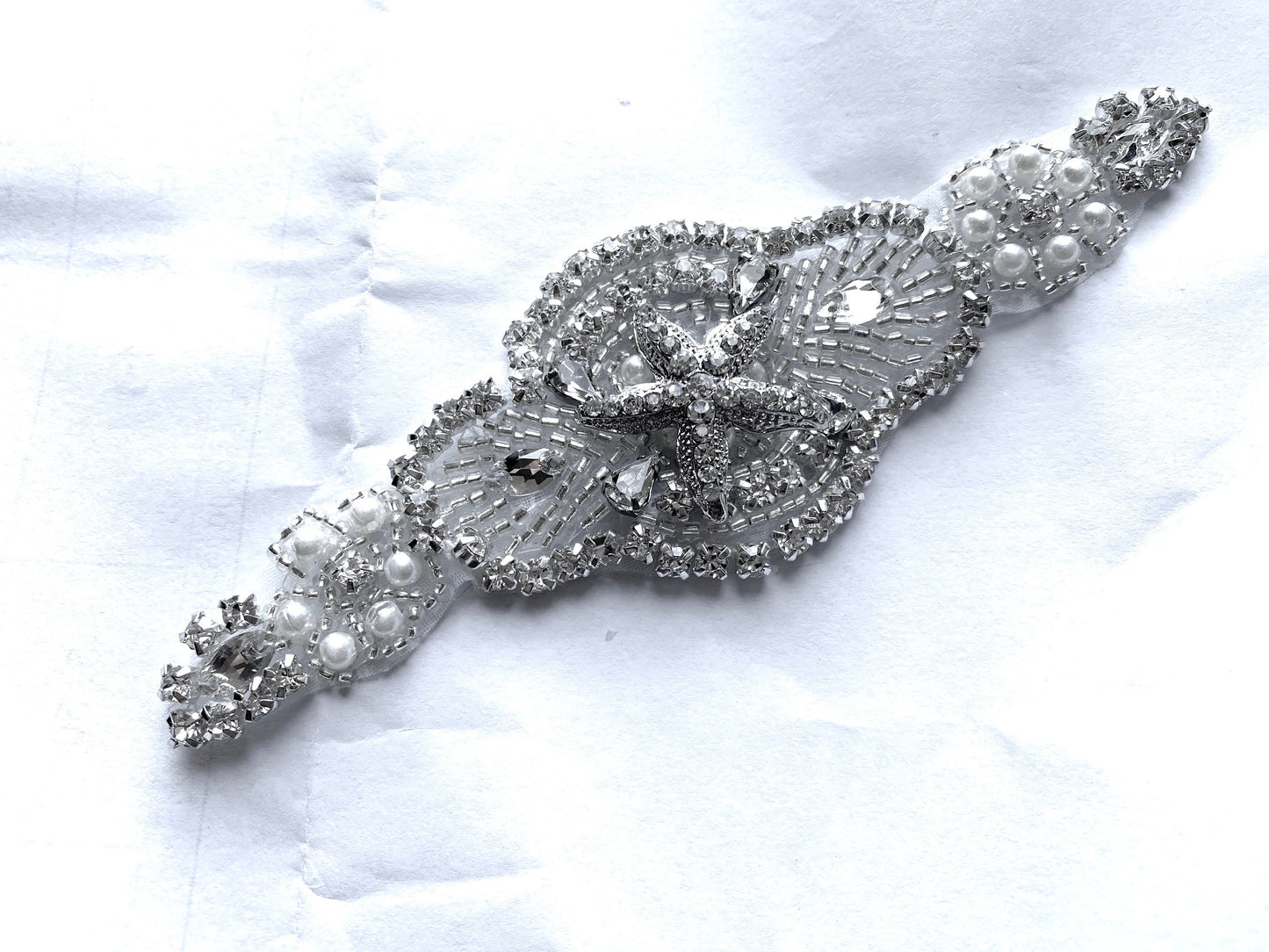 Starfish Pearl Rhinestone Applique Sash Belt: Bridal Sash Belt, Beach Wedding 
