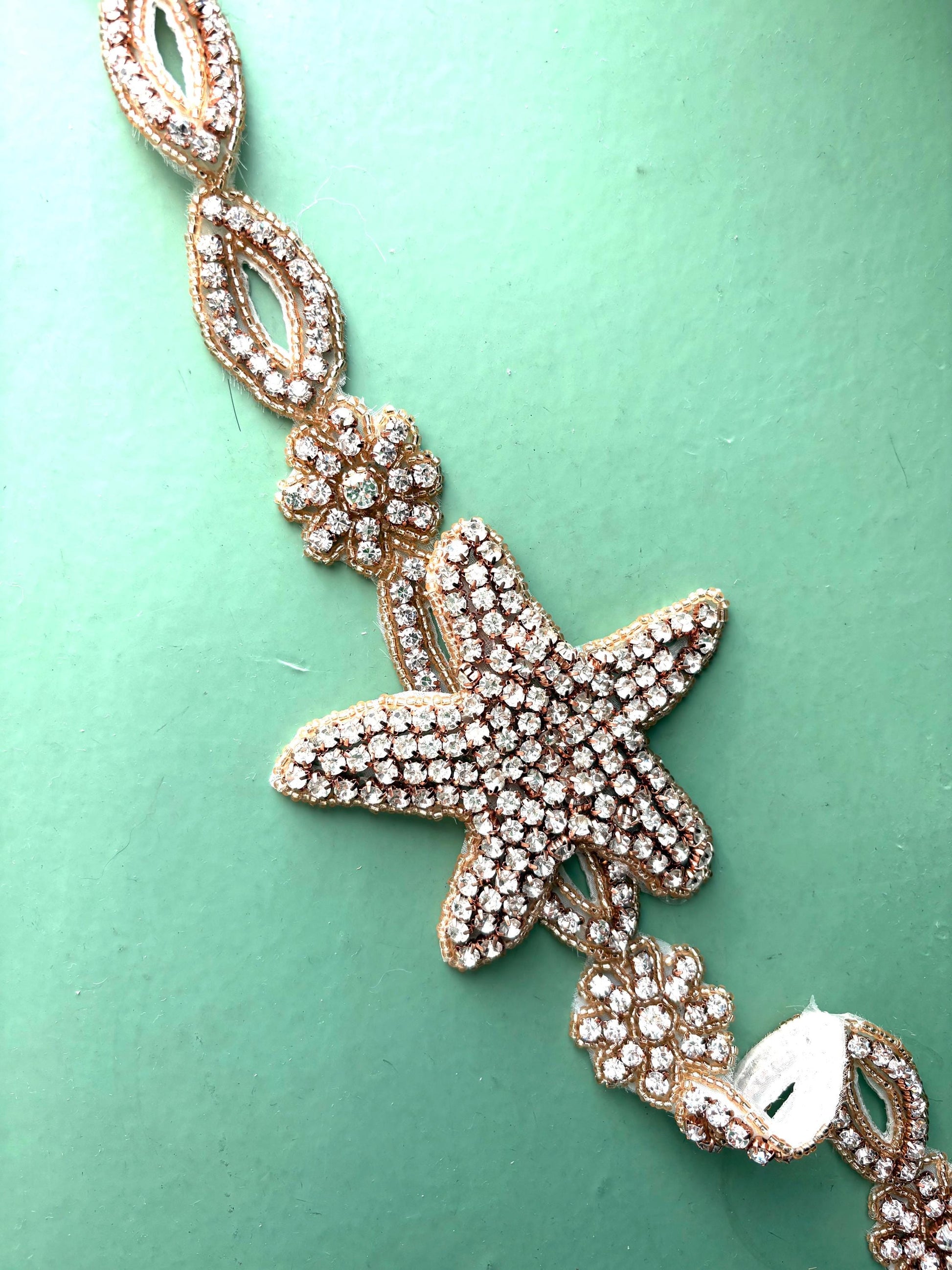 Starfish Rhinestone Applique Trim Belt Sash: Gold or Silver Wedding Dress Decoration Starfish at center / Gold Starfish at center / Silver 