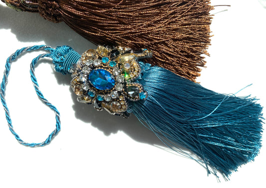 Vintage Blue Brown Rhinestone Tassel: Home Decor Accent, Fashion Costume Tassel, Aquarium Crystal Establishment Teal blue Brown 