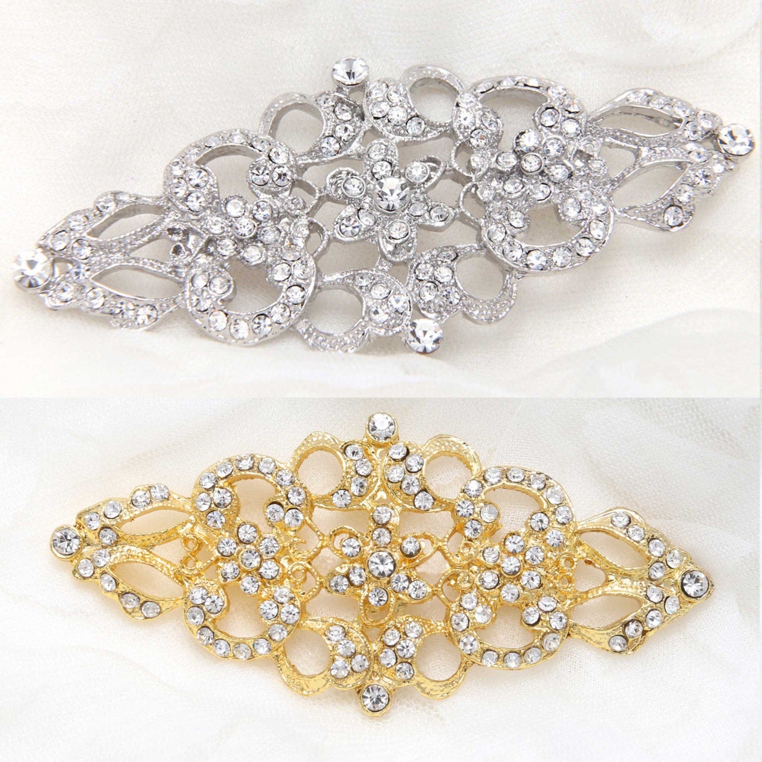 Jeweled Connector Silver Gold Rose Gold Rhinestone Brooch Pin 