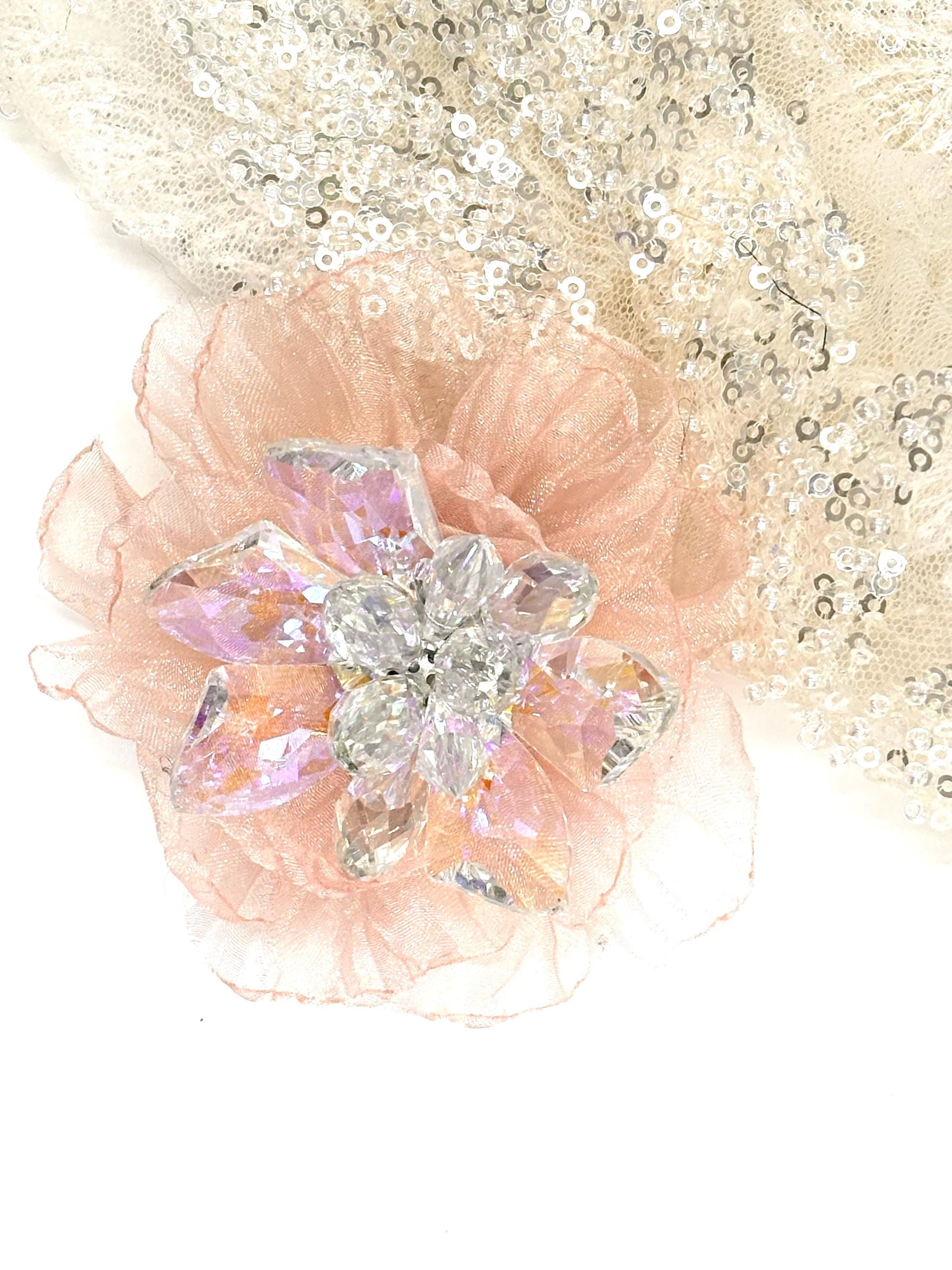Handmade Pink Organza Flower: Sparkling Glass Center, DIY Brooch Or Hair Clip 