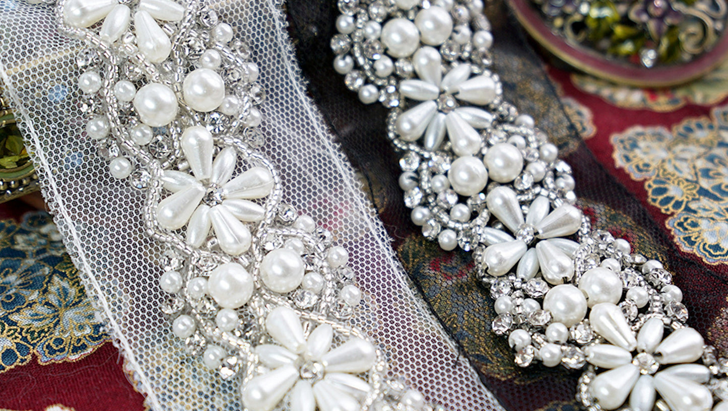 45cm Rhinestone Crystal Pearl Trim – Bridal Dress Sew-On Lace Beaded Trim with Faux Pearls Black / 45cm Black / 35cm white 