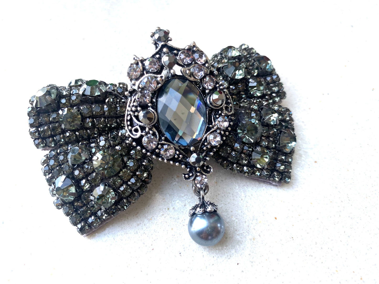 Elegant Black Bow Crystal Brooch Pin & Hair Clip for Weddings