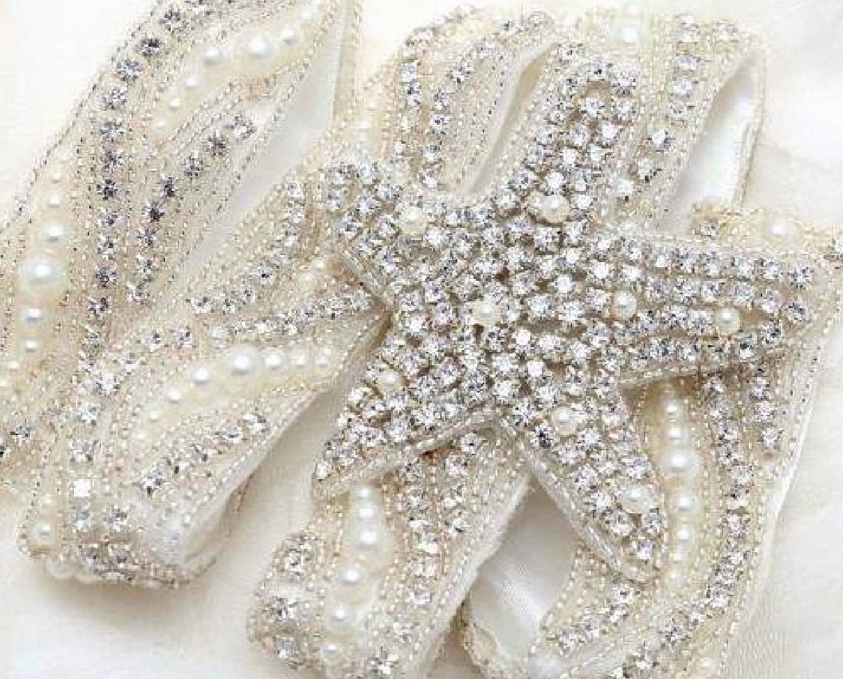 Starfish Pearl Rhinestone Appliqué: Bridal Sash Belt Trim (with or without satin sash) 