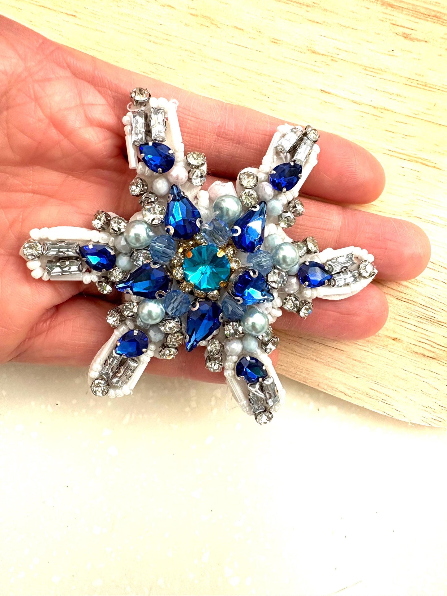 Blue Rhinestone Snowflake Applique: Handmade Crystal Star Patch, Beaded Christmas Patch
