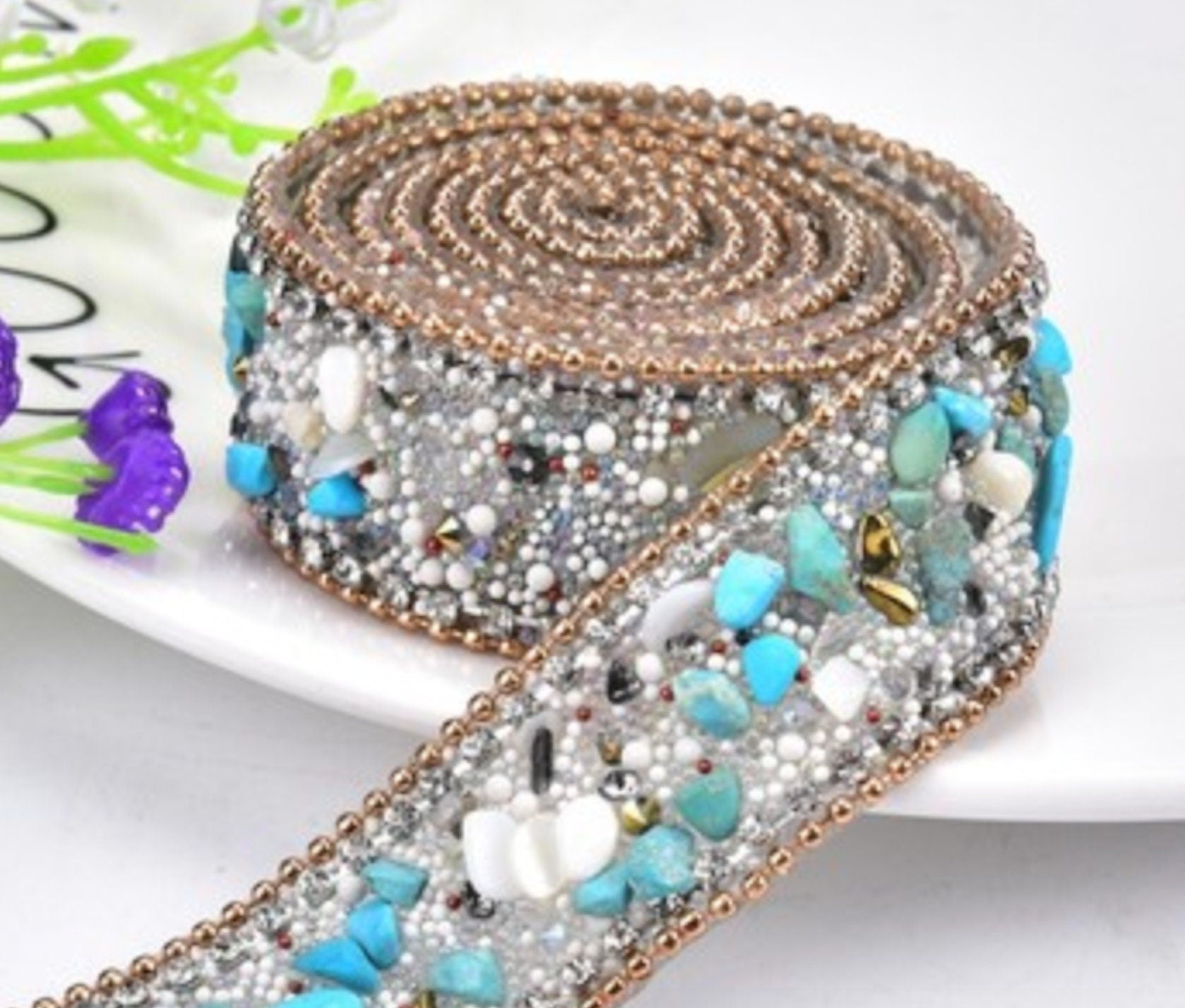 Turquoise Rhinestone Sash Applique: Iron On/Sew On Crystal Trim White / yes White / no 