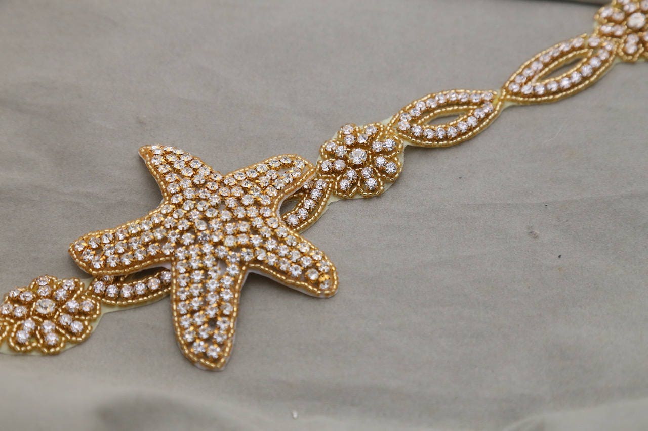 Starfish Rhinestone Applique Trim Belt Sash: Gold or Silver Wedding Dress Decoration Starfish at center / Gold Starfish at center / Silver 