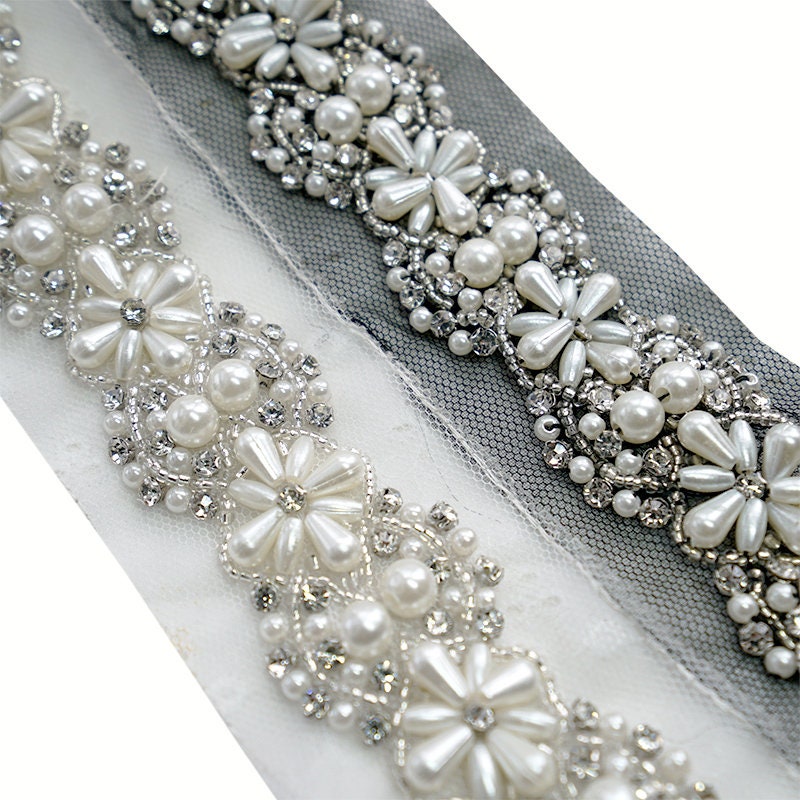 45cm Rhinestone Crystal Pearl Trim – Bridal Dress Sew-On Lace Beaded Trim with Faux Pearls Black / 45cm Black / 35cm white 