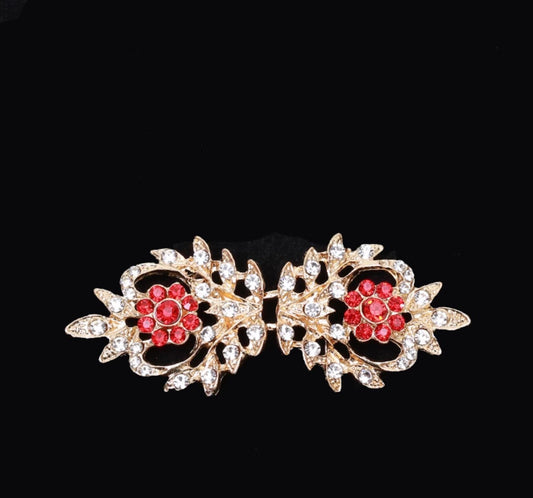 Vintage Gold Leaf Clasp: Red Rhinestone Sweater Hook And Eye Button Buckle