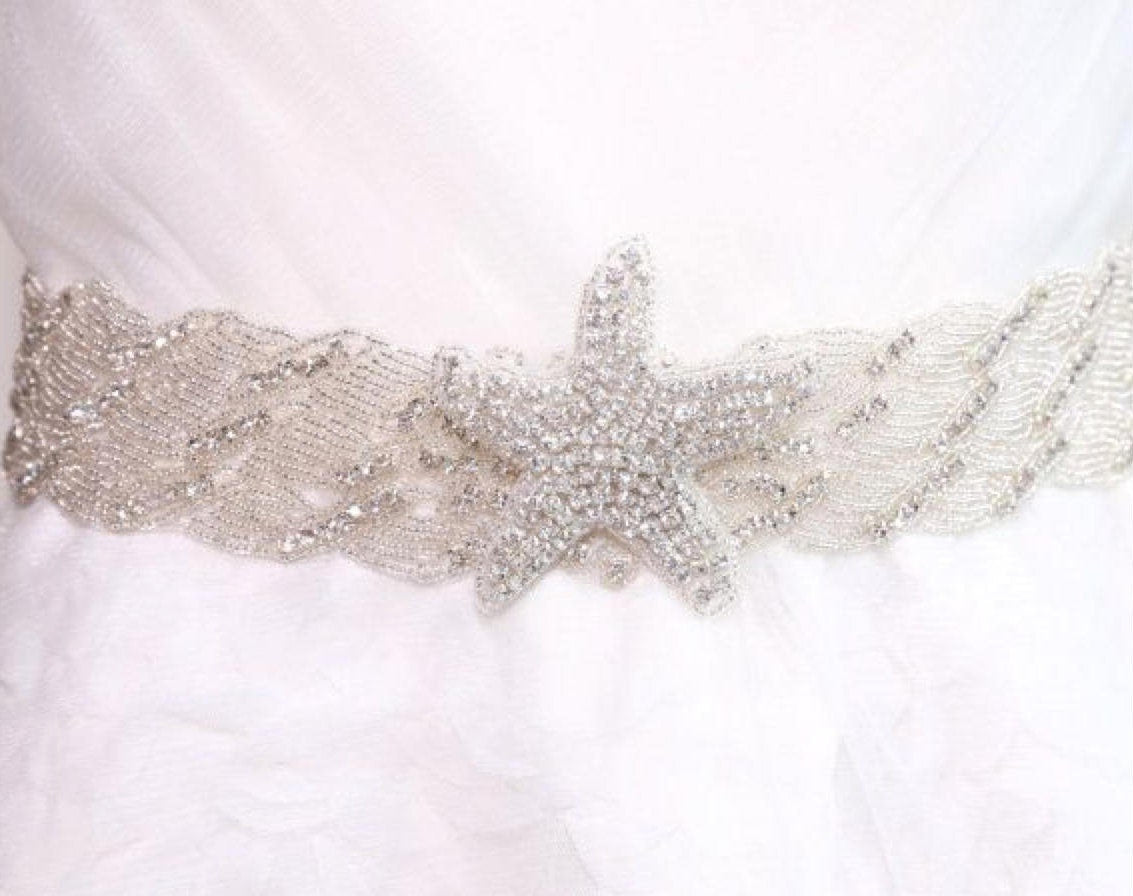 Wedding Poem Star Starfish Rhinestone Applique Trim Sash Belt white ivory 