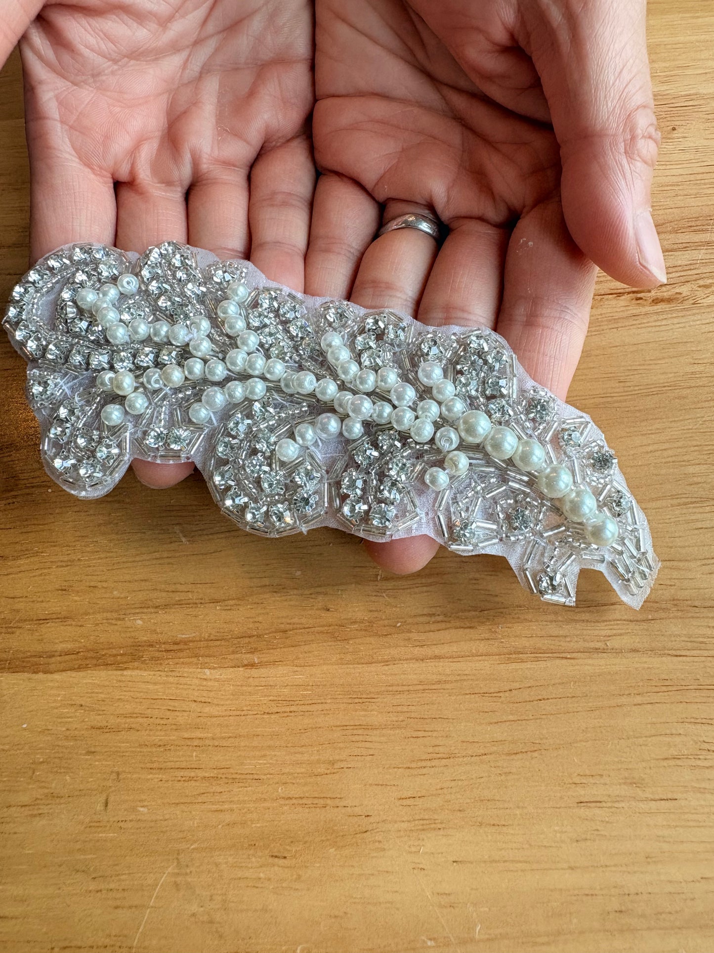 Leaf Rhinestone Applique With/WO Pearl: Crystal Feather Iron On Patch (2.25" x 6.5")