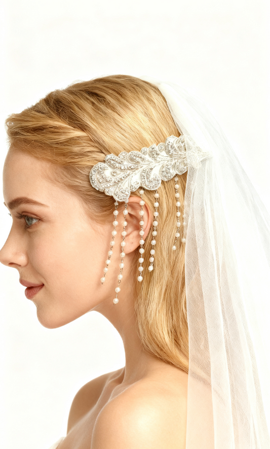 Vintage Style Feather Rhinestone Applique Hair Clip Or Sash Belt | Beaded Pearl Leaf for Wedding Dress