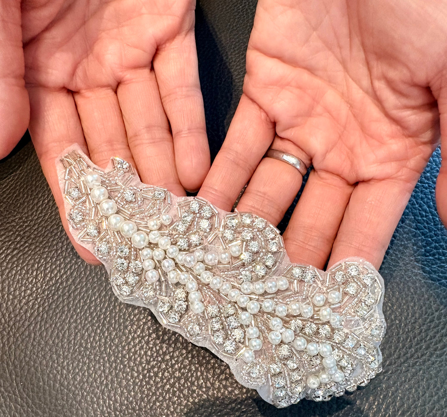 Leaf Rhinestone Applique With/WO Pearl: Crystal Feather Iron On Patch (2.25" x 6.5")