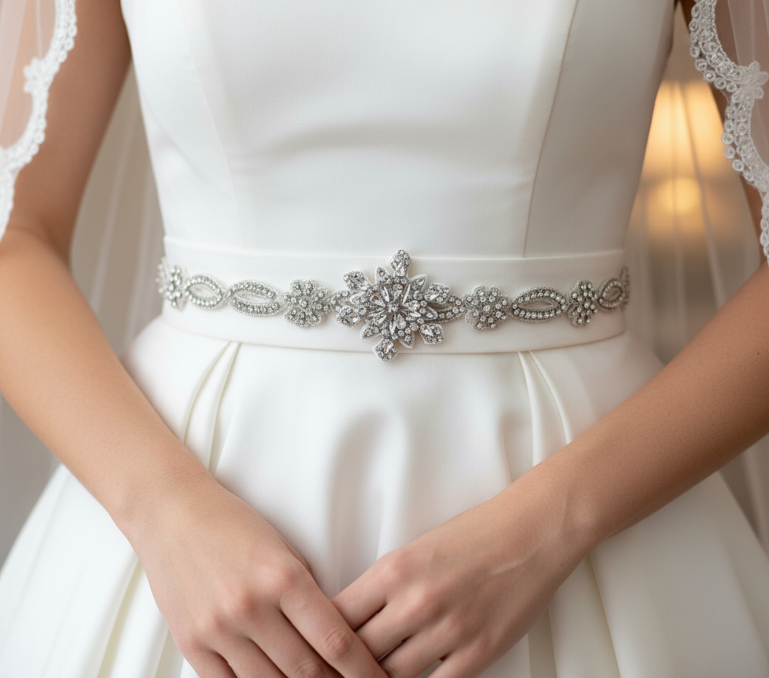 Snowflake Rhinestone Crystal Applique Trim With Ribbon: Bridal Sash Belt Ribbon Sash Default Title 