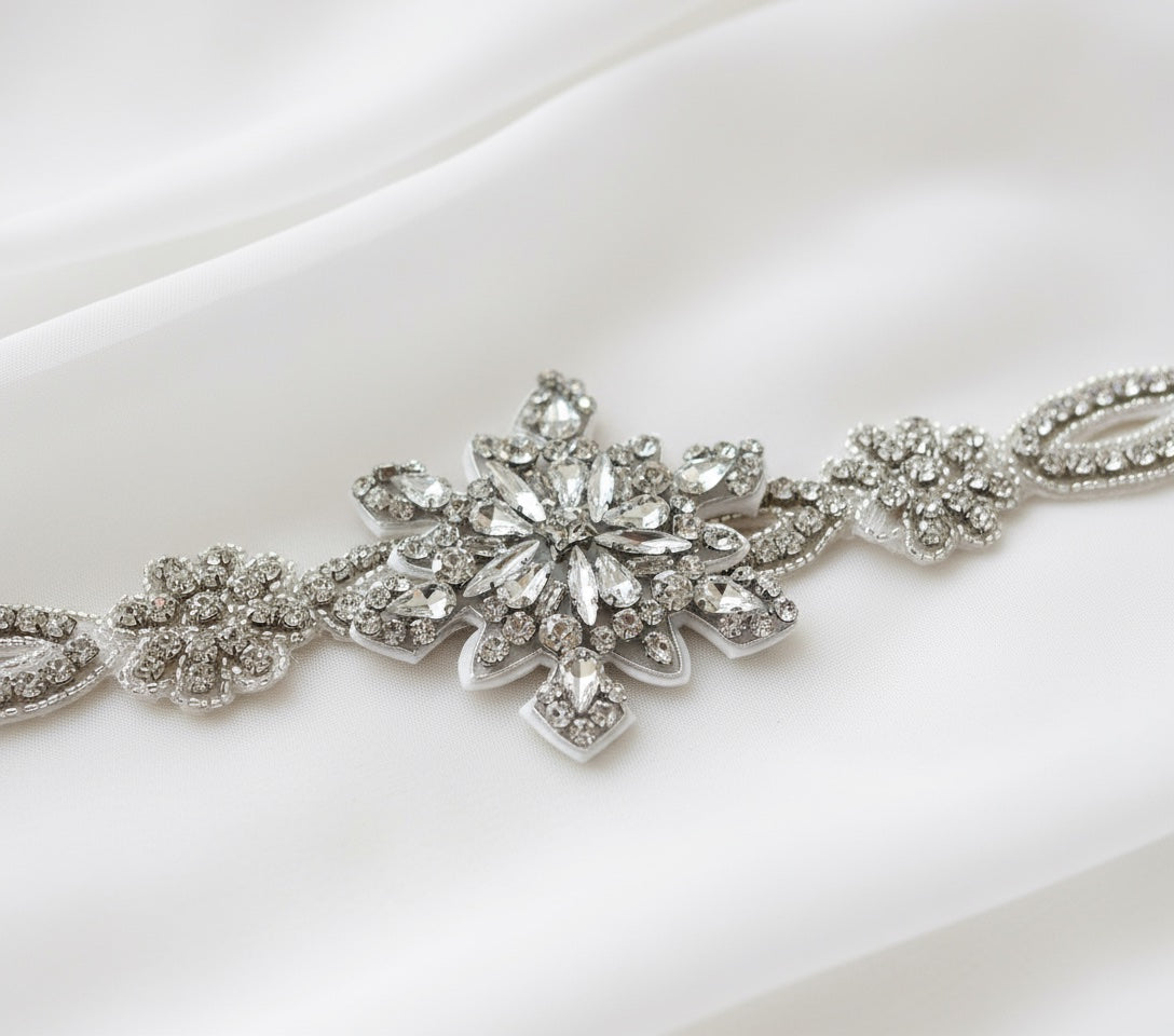 Snowflake Rhinestone Crystal Applique Trim With Ribbon: Bridal Sash Belt Ribbon Sash Default Title 
