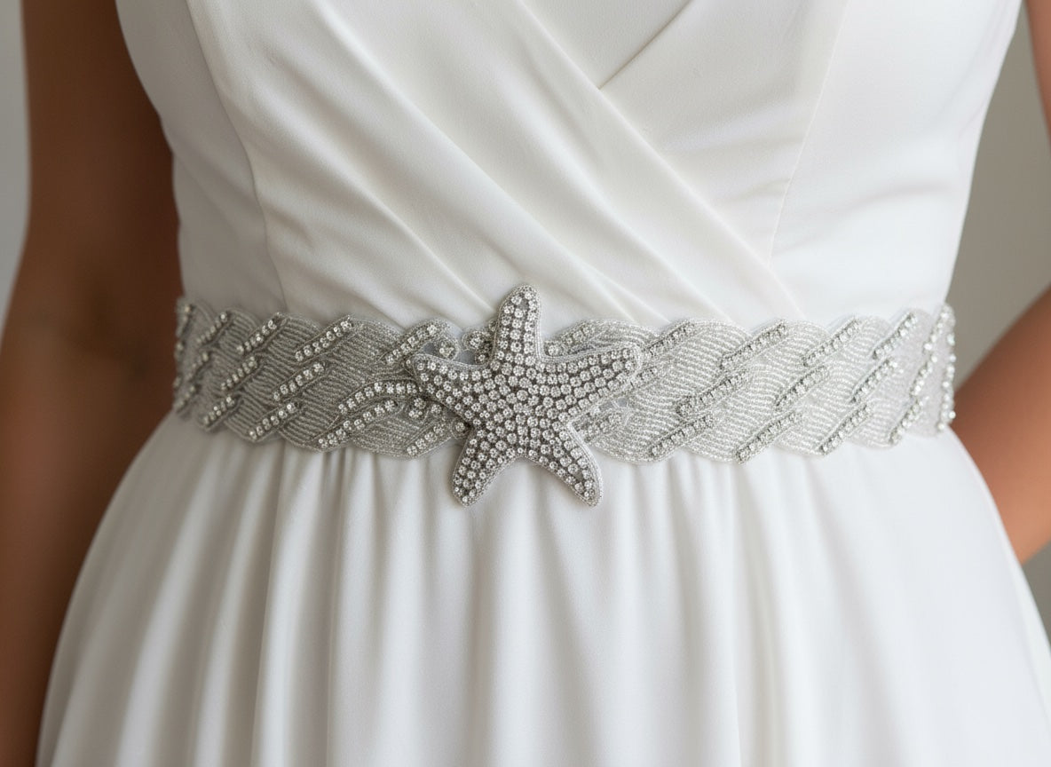 Wedding Poem Star Starfish Rhinestone Applique Trim Sash Belt white ivory 