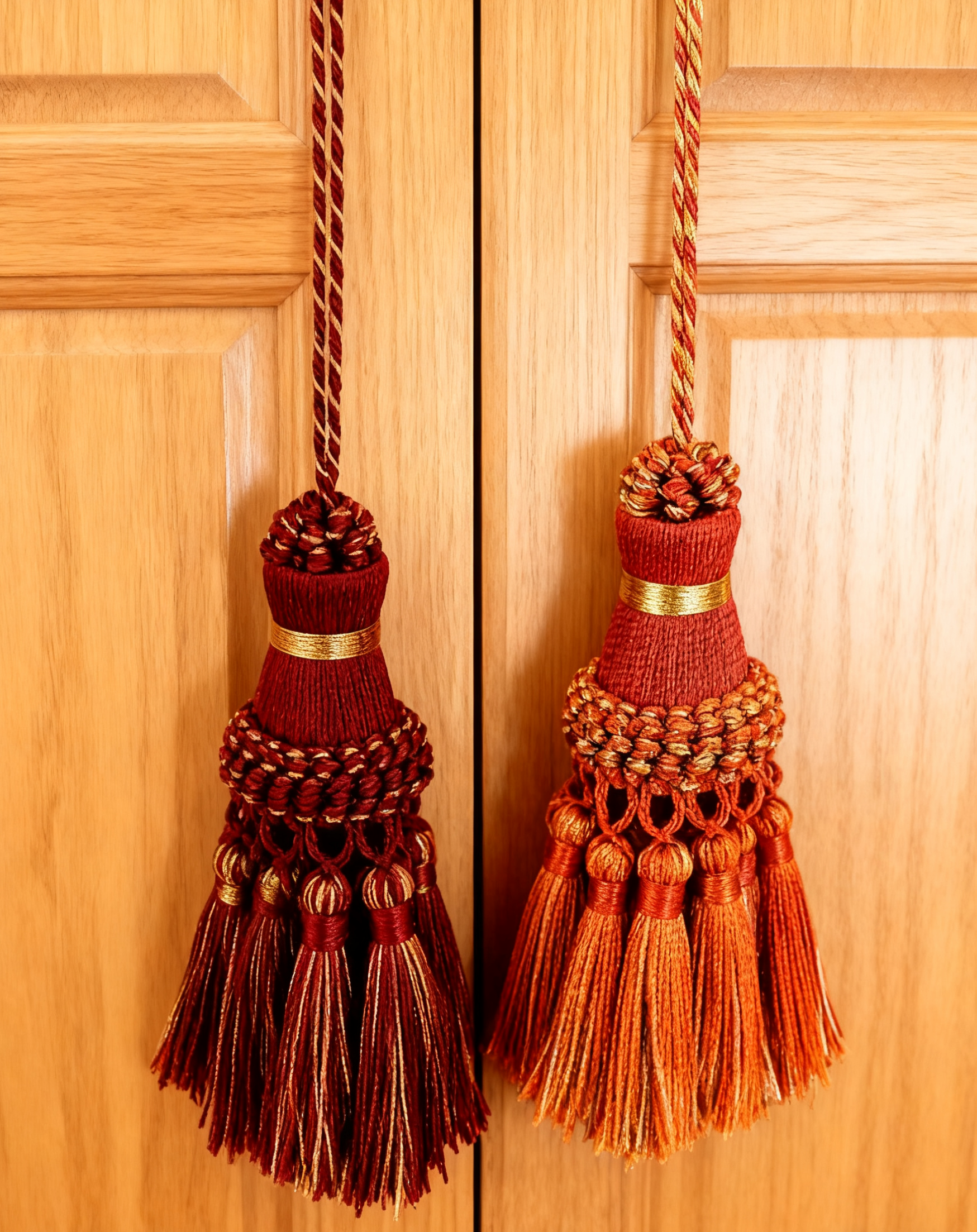 Decorative tassels hanging on a wooden door,Vintage style short key tassel with boho charm for unique keychains